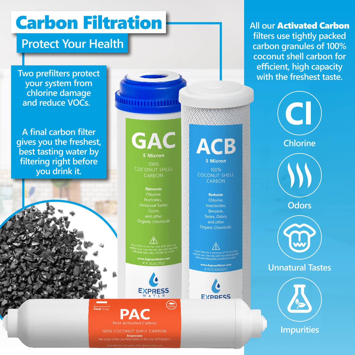 Express Water 1-Year Alkaline Reverse Osmosis Replacement Filter Set - 10 Filters with 50 GPD RO Membrane - 10 Inch Water Filtration System for Clean Drinking & Cooking Water