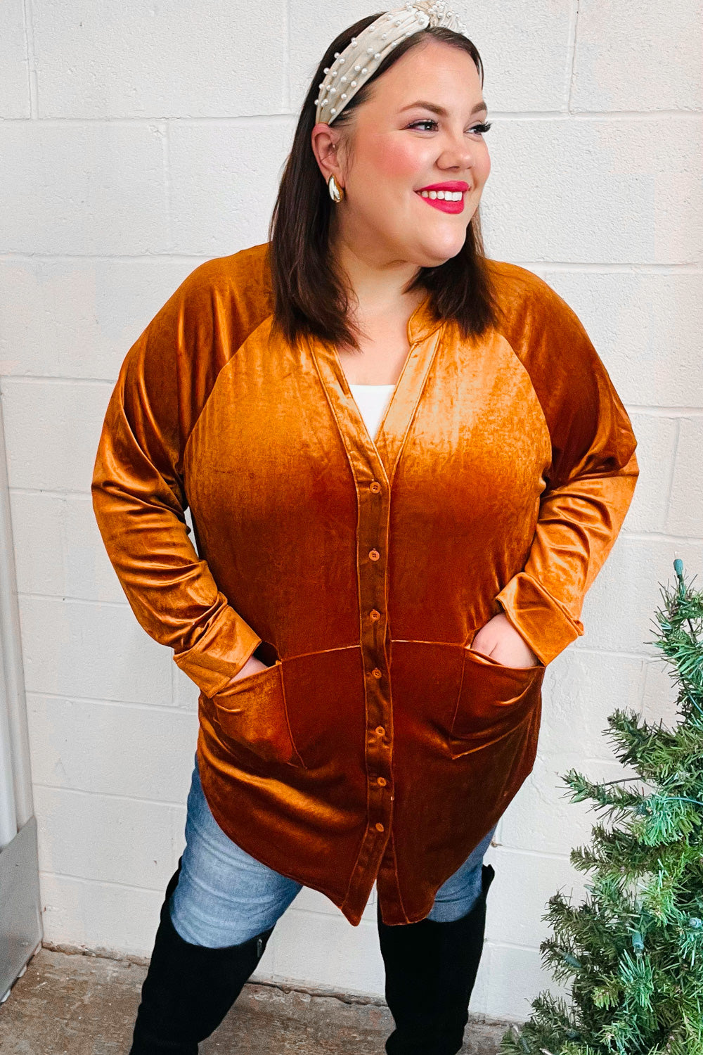 Stylish Rust Velvet Button Down Tunic Top for Women - Elegant Fall & Winter Blouse for Office, Party & Date Nights