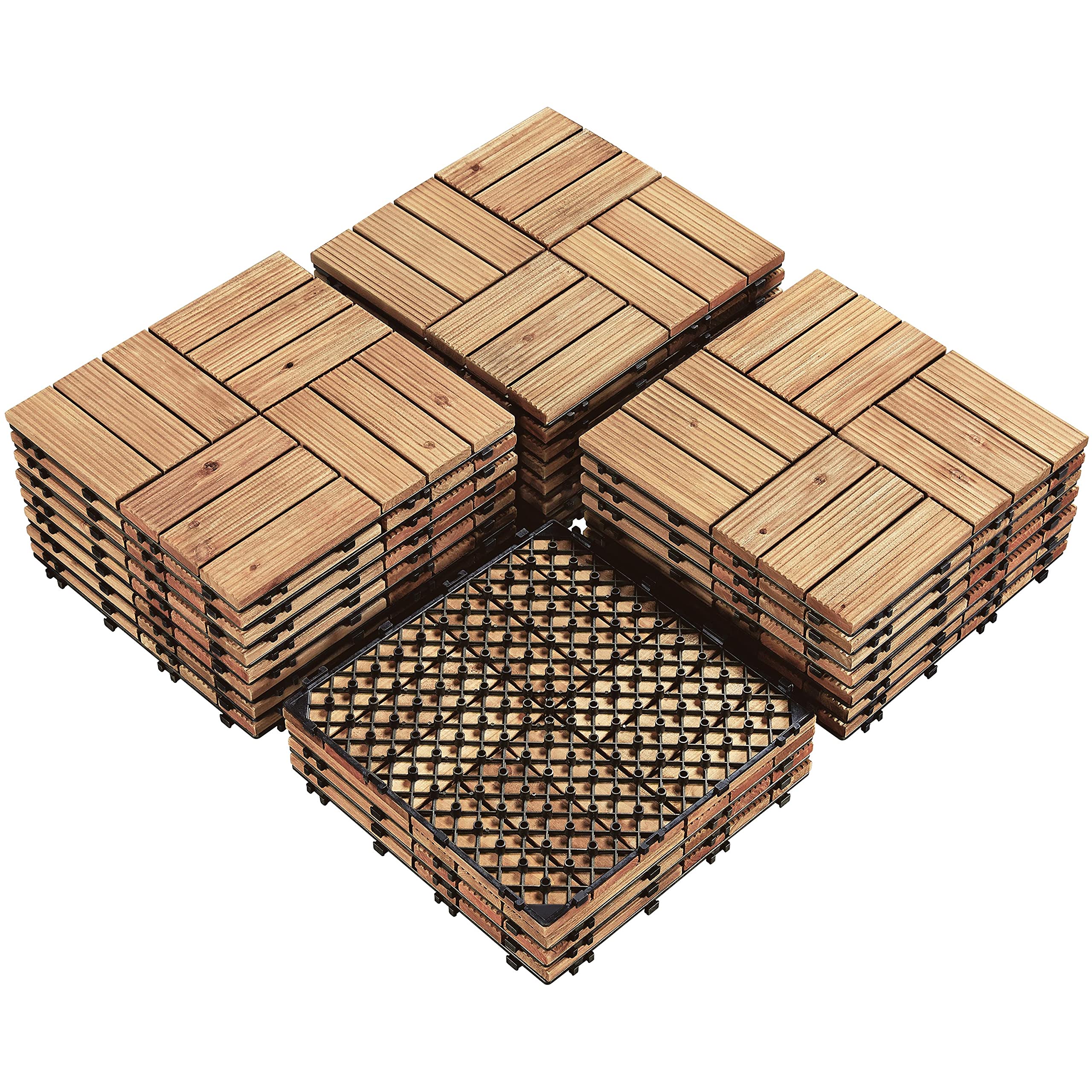 Topeakmart 27PCS 12x12 Inch Hardwood Deck Tiles - Interlocking Patio Tiles for Indoor & Outdoor Use - Solid Fir Wood Waterproof Garden Flooring - Natural Wood Finish - Perfect for Balcony, Deck, Poolside & Garden