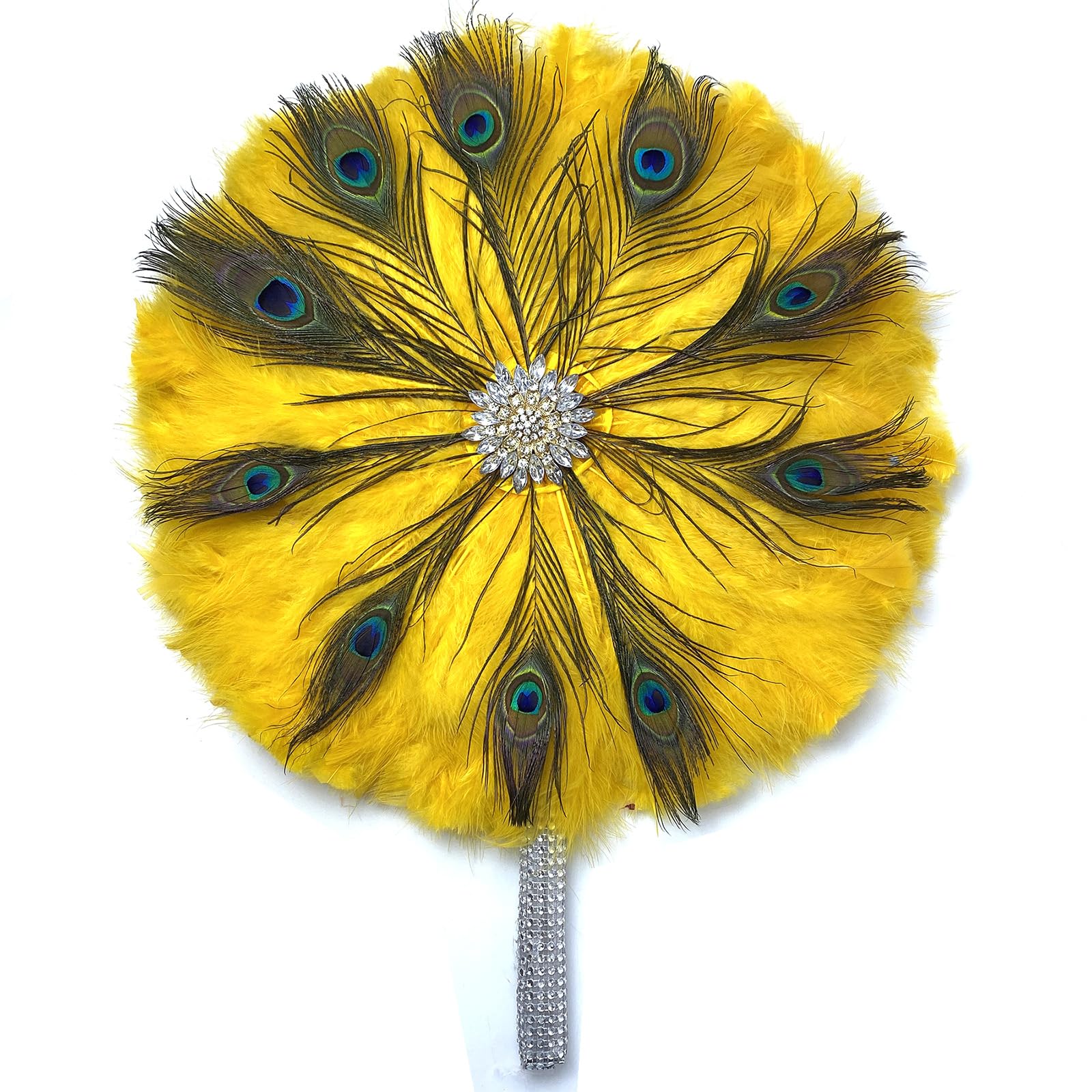 African Turkey Feather Hand Fan - Handmade Peacock Feather Double-Sided Decorative Fan with Stones for Wedding, Party & Home Decor - Unique Artisan Craft Gift (Gold) | Perfect for Bridal Showers, Cultural Events & Bohemian Home Accents