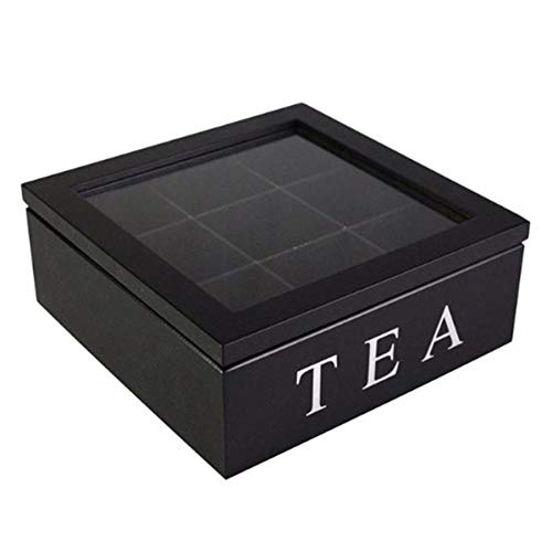 CTZRZYT Wooden 9-Grid Tea Storage Box with Transparent Lid - Organize Tea Bags, Jewelry & Small Items - Perfect for Home, Office & Gift Giving (Black)