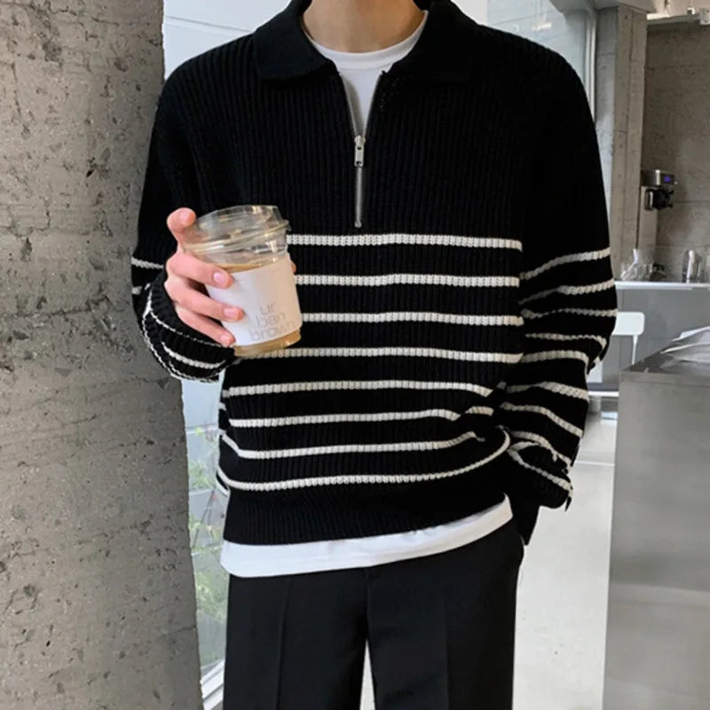 Men's Autumn Korean Style Loose Casual Half-Zip Striped Sweater - Long Sleeve Lapel Pullover for Fashionable Outfits | Perfect for Office, Dating & Casual Wear | 9A5791
