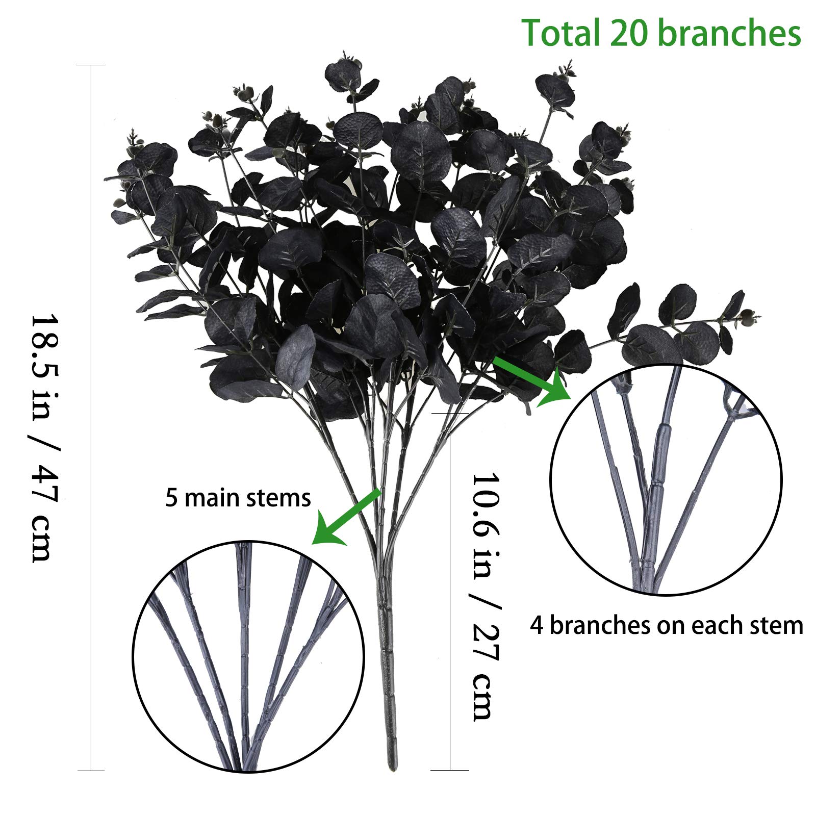 GREENTIME 2 Pack Black Eucalyptus Stems - 20 Branches 18.5 Inch Artificial Flowers for Vase - Halloween Wedding Table Centerpiece Decor - Perfect for Home Decor, Party Decorations & DIY Floral Arrangements