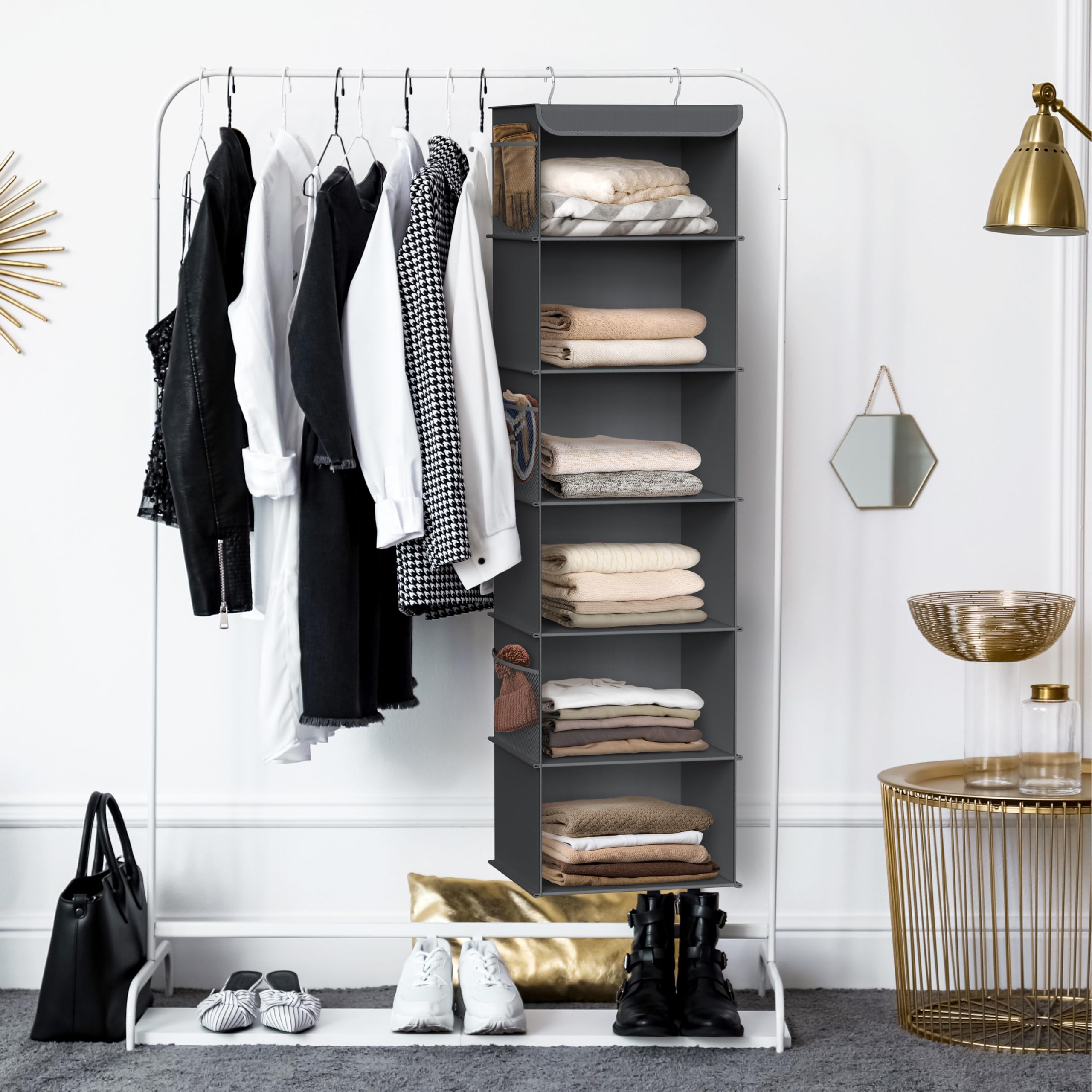 Simple Houseware 6-Shelf Hanging Closet Organizer for Bedroom & Bathroom - Space Saving Storage Solution, Dark Gray - Perfect for Organizing Clothes, Towels & Accessories