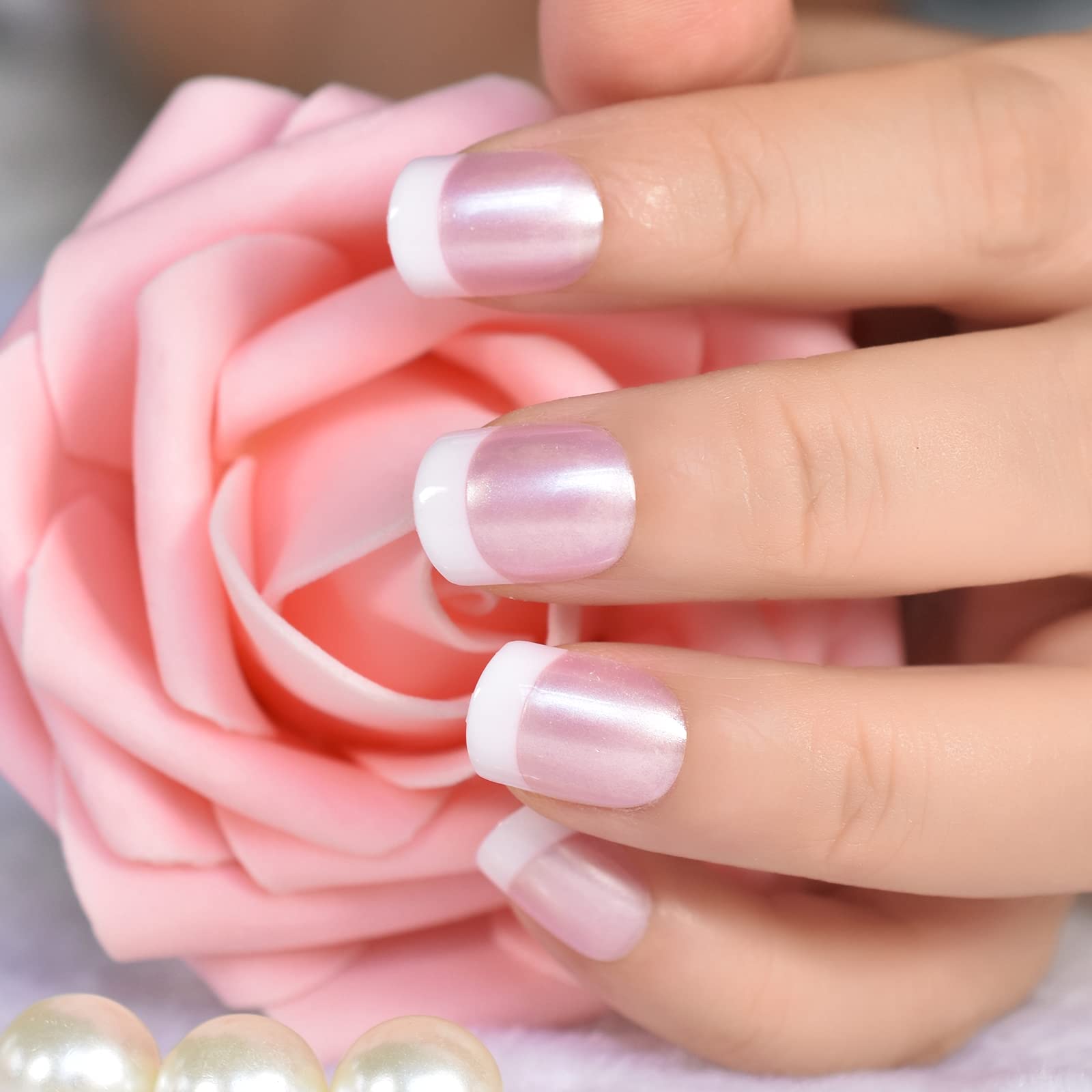 Glossy Pearl Pink & White French Press On Nails - Short Squoval Fake Nails for Women | Reusable Salon Manicure Tips | Perfect for Summer, Weddings & Special Occasions | Nail Art Gift for Women & Girls