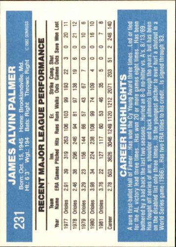 1982 Donruss Jim Palmer #231 Baseball Card - MLB Hall of Fame Pitcher Collectible for Sports Memorabilia & Trading Card Enthusiasts