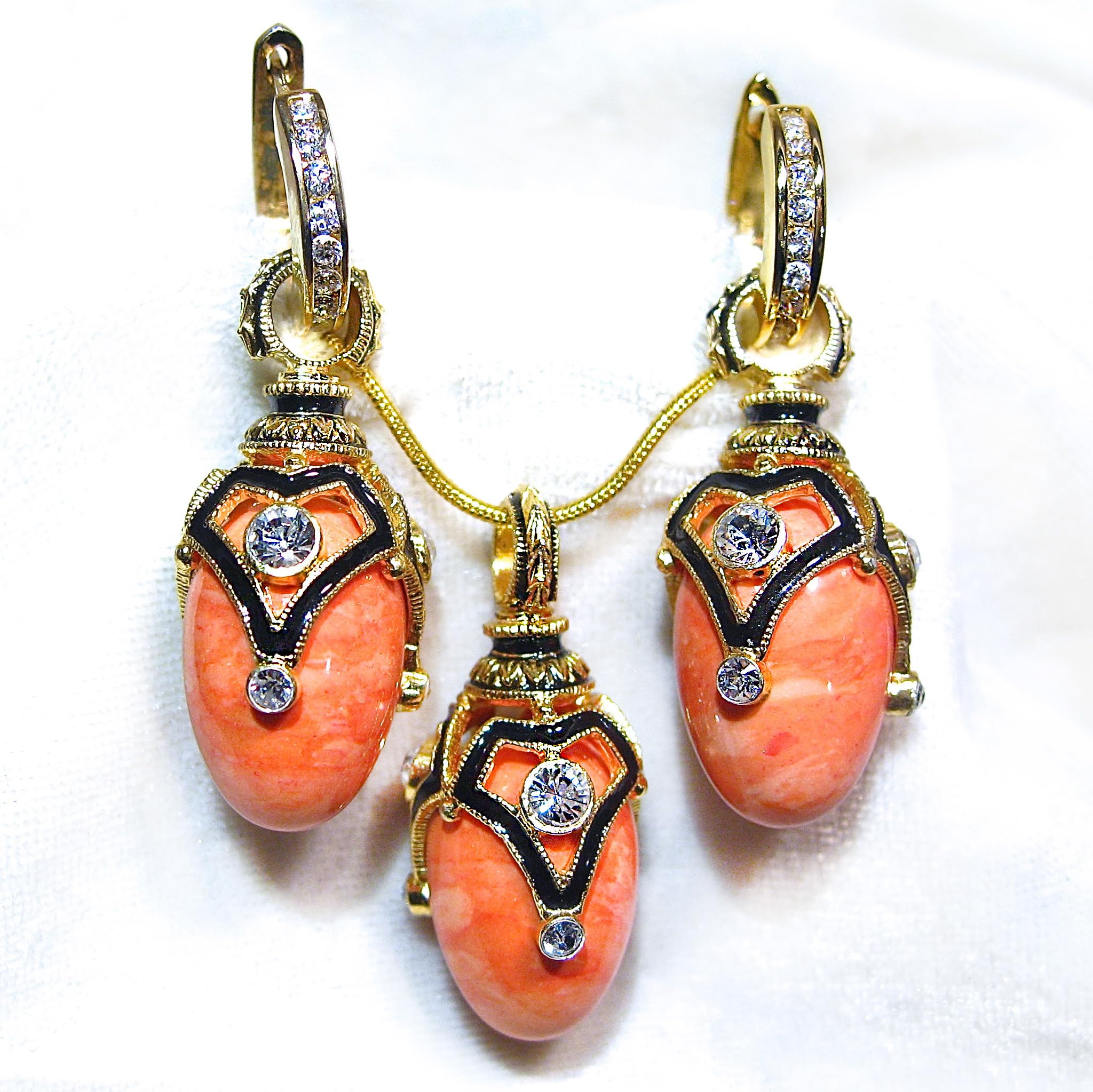 Elegant Sterling Silver Necklace with Coral Egg Pendant, Crystals & Enamel Gold Plating - 24-inch Chain for Women | Perfect for Gifts, Weddings & Special Occasions