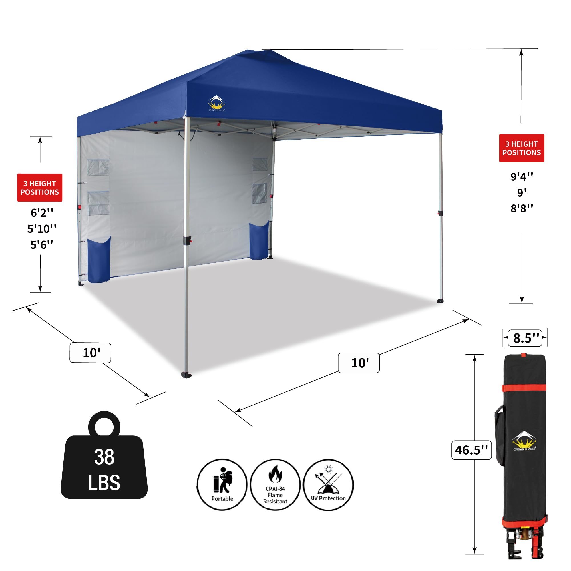 10x10 Pop Up Canopy Tent with Sidewalls & Pockets - Easy One-Person Setup Instant Sun Shelter for Camping, Beach, Backyard, Picnics & Outdoor Events - Portable Navy Blue Canopy with Center Lock System