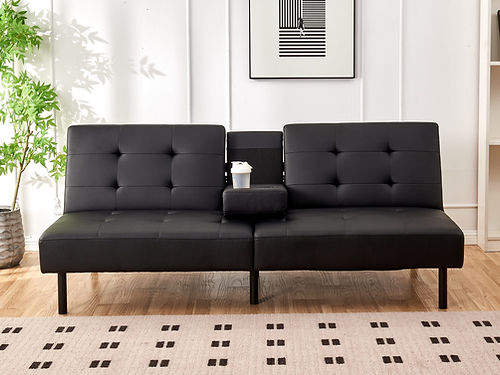 Black Faux Leather Sofa Bed with Cup Holders - Convertible Sleeper Sofa for Small Spaces, Living Room & Guest Room Furniture