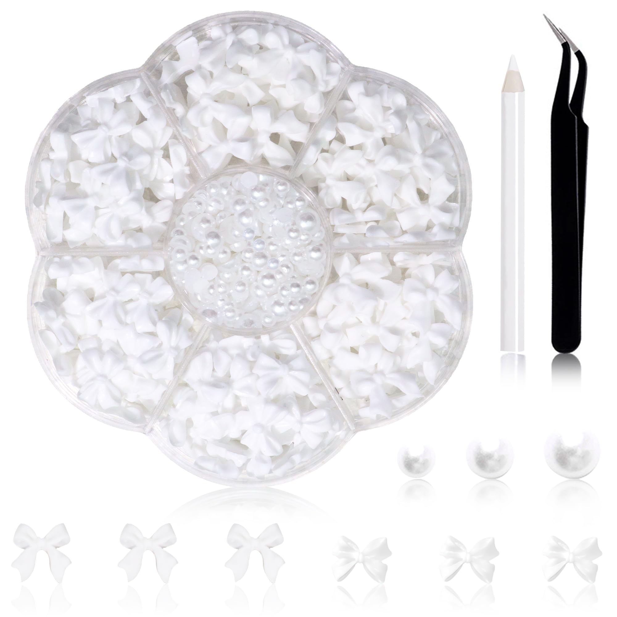 300Pcs White Bowknot & Flatback Pearl Nail Charms Set - 3-5mm 3D Cute Nail Decorations for Acrylic Nails, DIY Nail Art Jewelry & Crafts - Perfect for Bridal, Party, Salon and Home Manicure Designs
