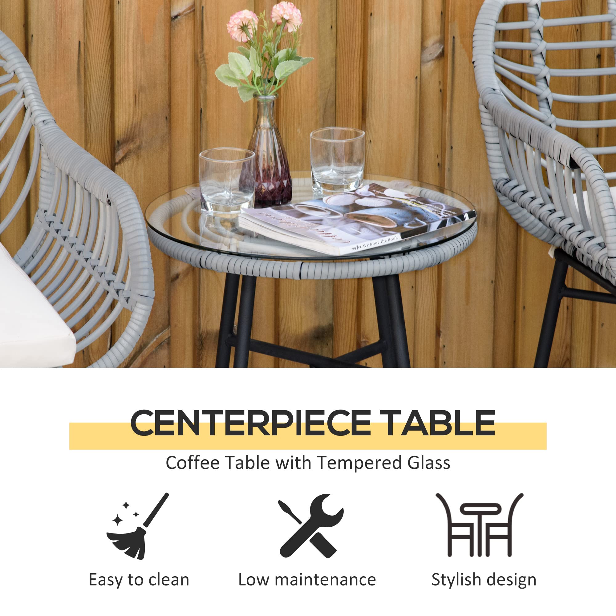 Outsunny 3-Piece Patio Set - PE Rattan Wicker Bistro Table & Chairs with Cushions & Tempered Glass Top | Modern Hand-Woven Outdoor Furniture for Garden, Porch, Poolside & Backyard | Cream White Patio Dining Set for Relaxing & Entertaining