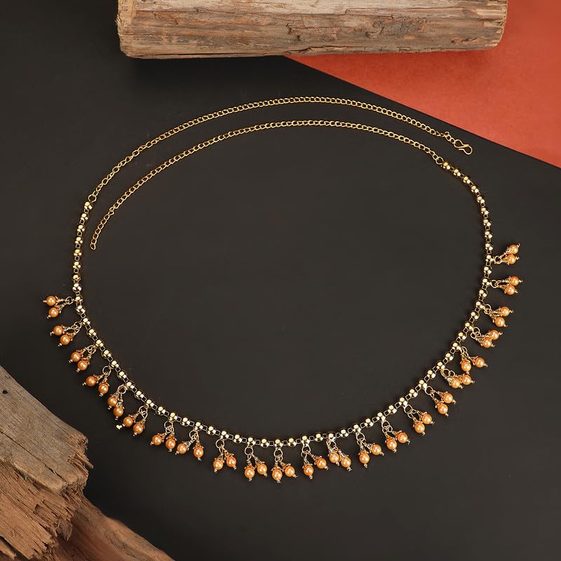 Contemporary Gold Plated Rose Gold Pearl Studded Kamarbandh Waist Belt for Women & Girls - Stylish & Durable Belly Chain Jewelry (Gold) | Perfect for Weddings, Parties & Festive Occasions