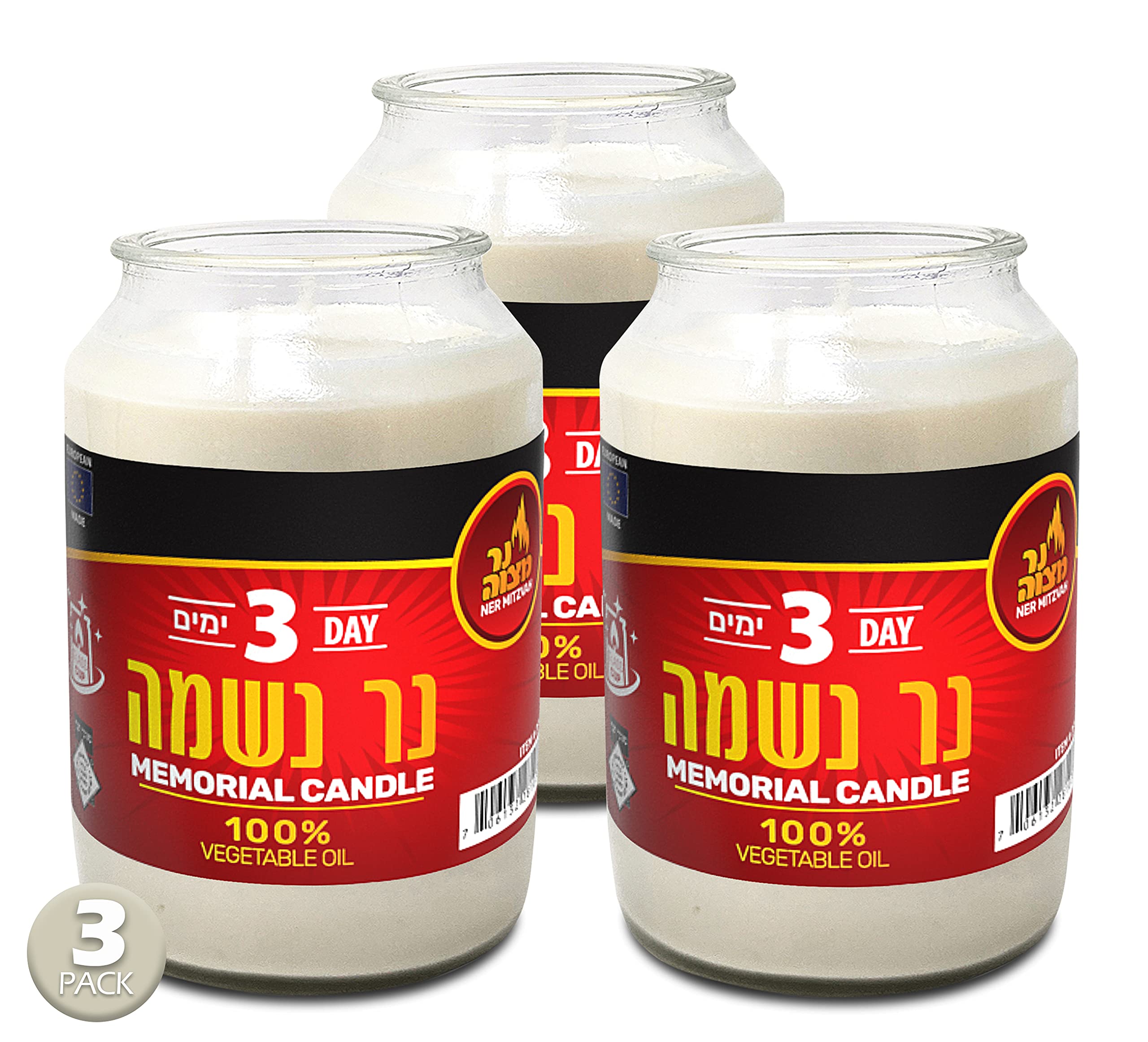Kosher White Yahrzeit Memorial Candles - 3 Pack 3-Day Glass Jar Candles for Yom Kippur, Jewish Holidays & Remembrance - 100% Vegetable Wax Prayer Candles for Synagogue, Home & Memorial Services