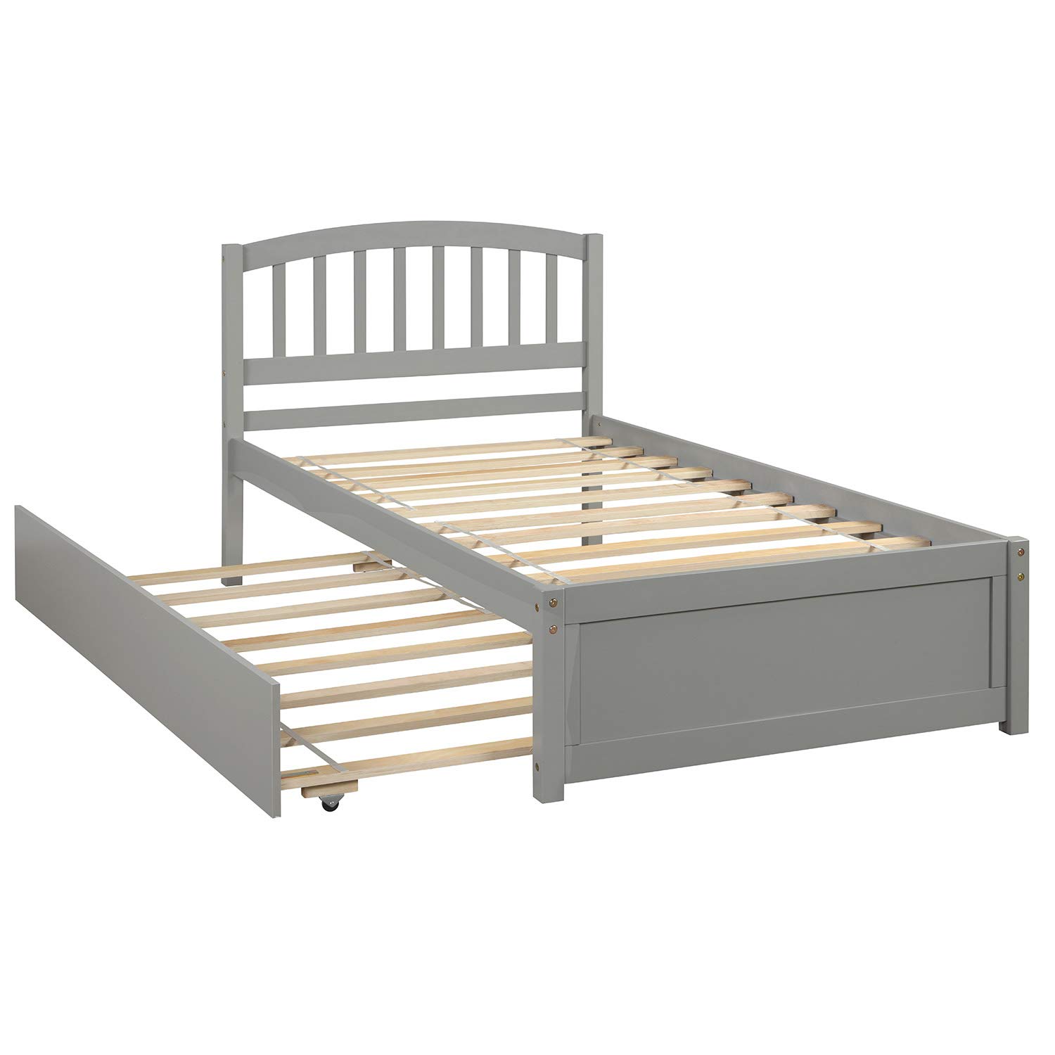 Twin Size Wood Platform Bed Frame with Headboard & Trundle - No Box Spring Needed, Gray - Perfect for Kids' Rooms, Guest Bedrooms & Small Spaces