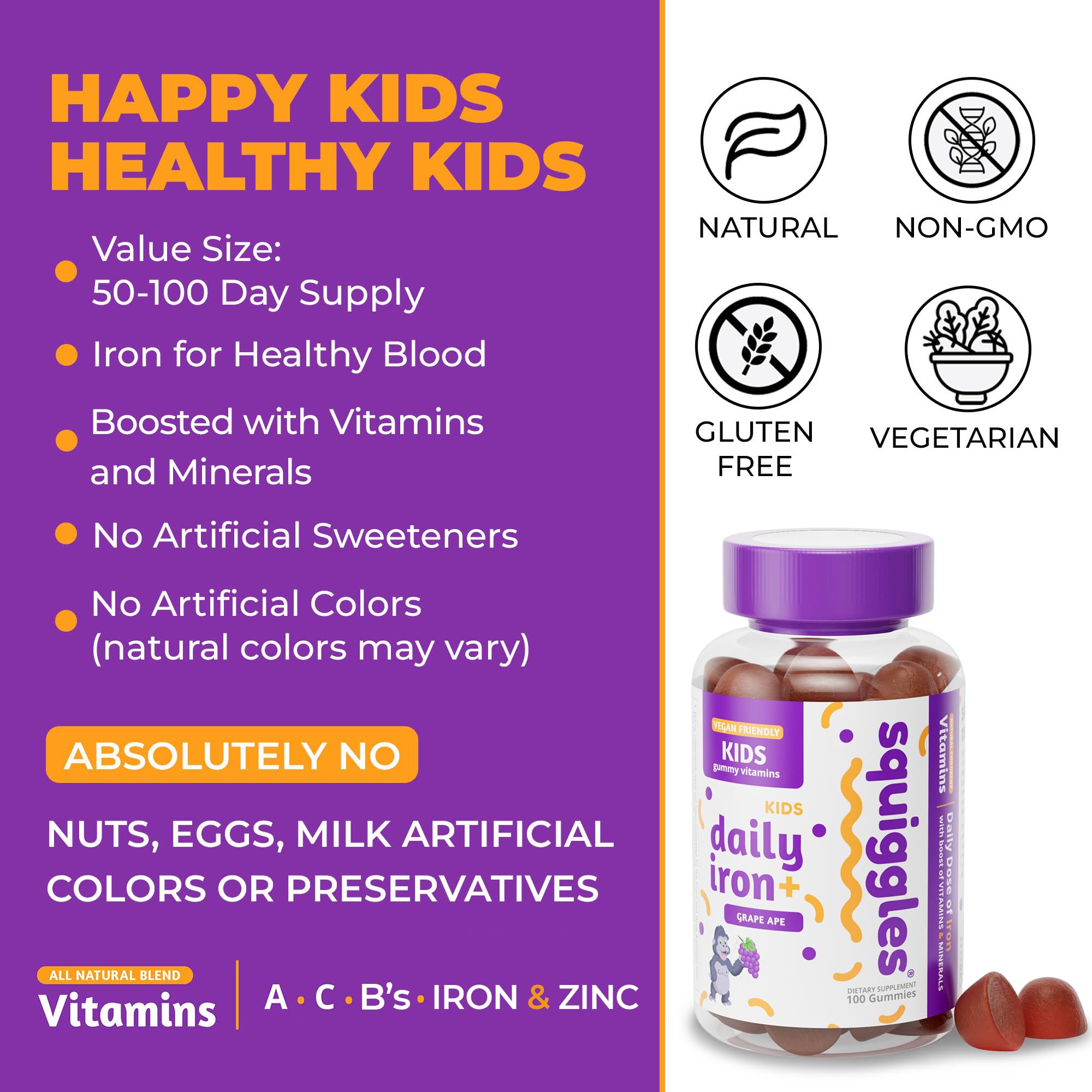 Squiggles Kids Iron+ Multivitamin Gummies - Vegan, Low Sugar Chewable Supplement for Toddlers & Children with Delicious Grape Flavor (100 Count) - Supports Immune Health & Energy for Active Kids