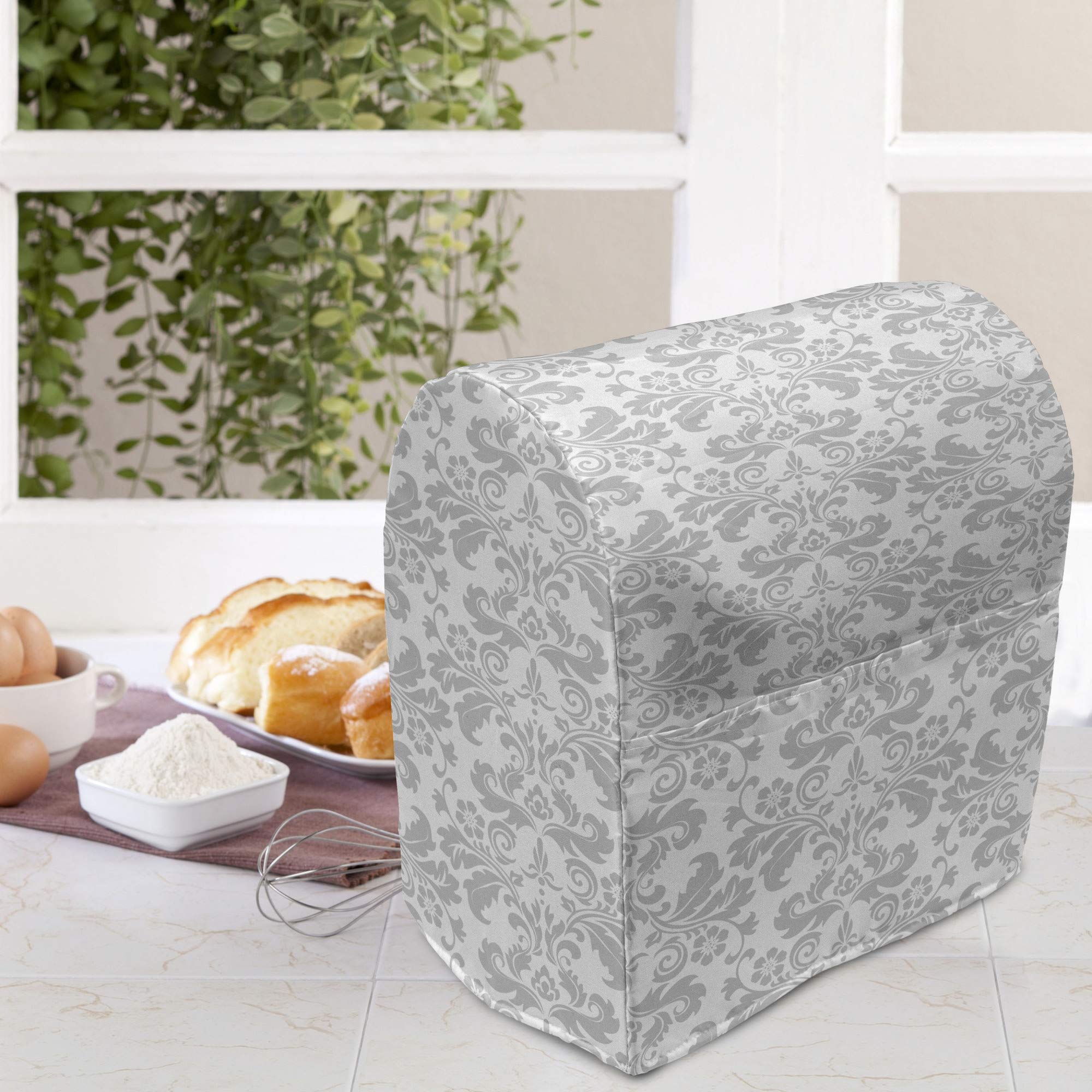 Ambesonne Baroque Stand Mixer Cover - Floral Bouquet Design, White & Pale Grey, Fits 6-8 Quart Mixers | Kitchen Appliance Organizer with Storage Pocket | Perfect for Baking, Cooking & Kitchen Organization