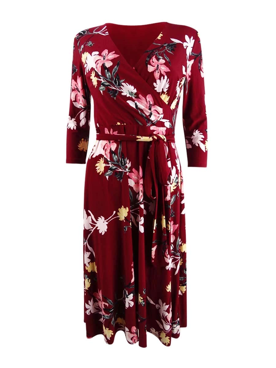 Lauren by Ralph Lauren Women's Floral Print Wrap Dress with Self-Tie Belt - Garnet & Pink Floral Pattern - Perfect for Summer Weddings, Garden Parties & Cocktail Events