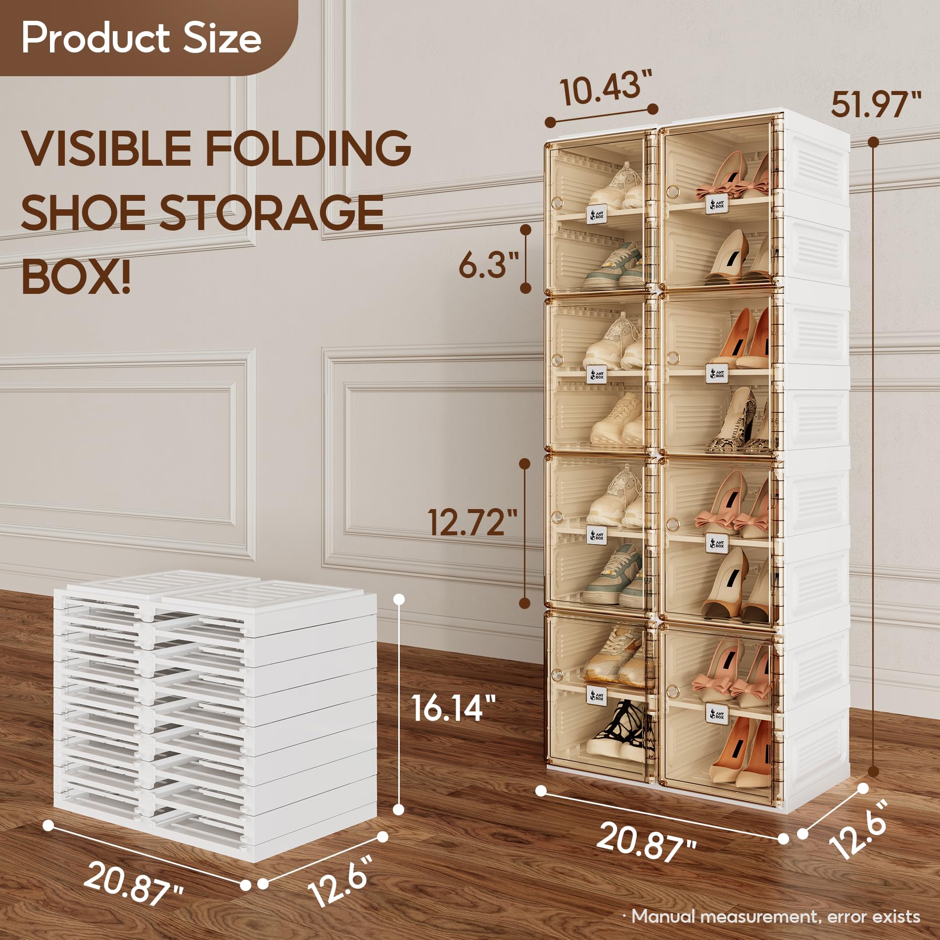 Portable Folding Shoe Organizer with Magnetic Clear Door - 8-Tier 16-Grid Storage Box for Sneakers & Shoes | Sturdy Easy-Assembly Closet Cabinet for Bedroom, Entryway & Dorm Organization