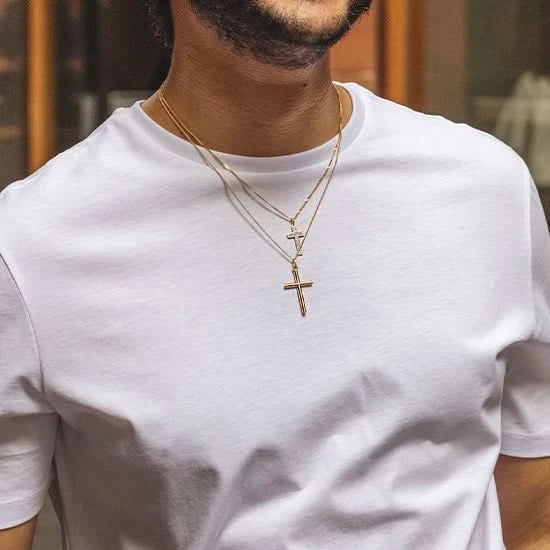 Solid Gold Cross Necklace for Men - Religious Jewelry Gift for Baptism, Wedding & Everyday Wear