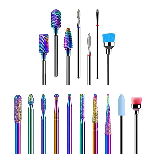 MelodySusie 10pcs Rainbow Diamond Cuticle Nail Drill Bits & 7pcs Tungsten Carbide Bits Set - Professional 3/32