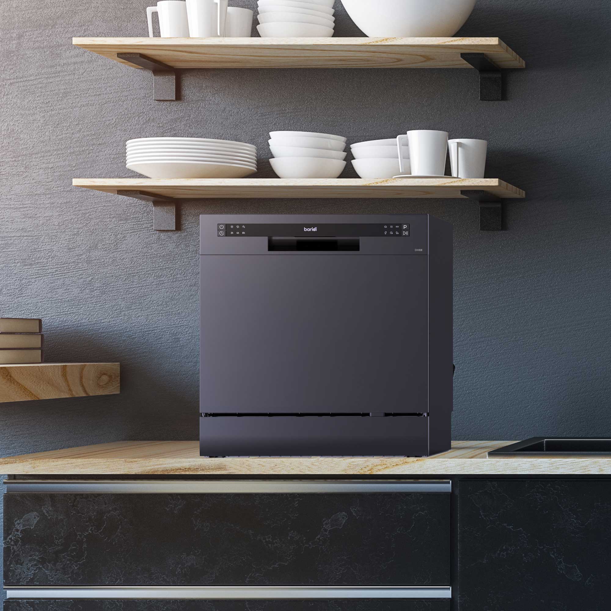 Baridi Compact Tabletop Dishwasher - 8 Place Settings, 6 Wash Programs, Ultra Quiet (42dB), 8L Capacity in Sleek Black (Model DH88) - Perfect for Apartments, RVs & Small Kitchens