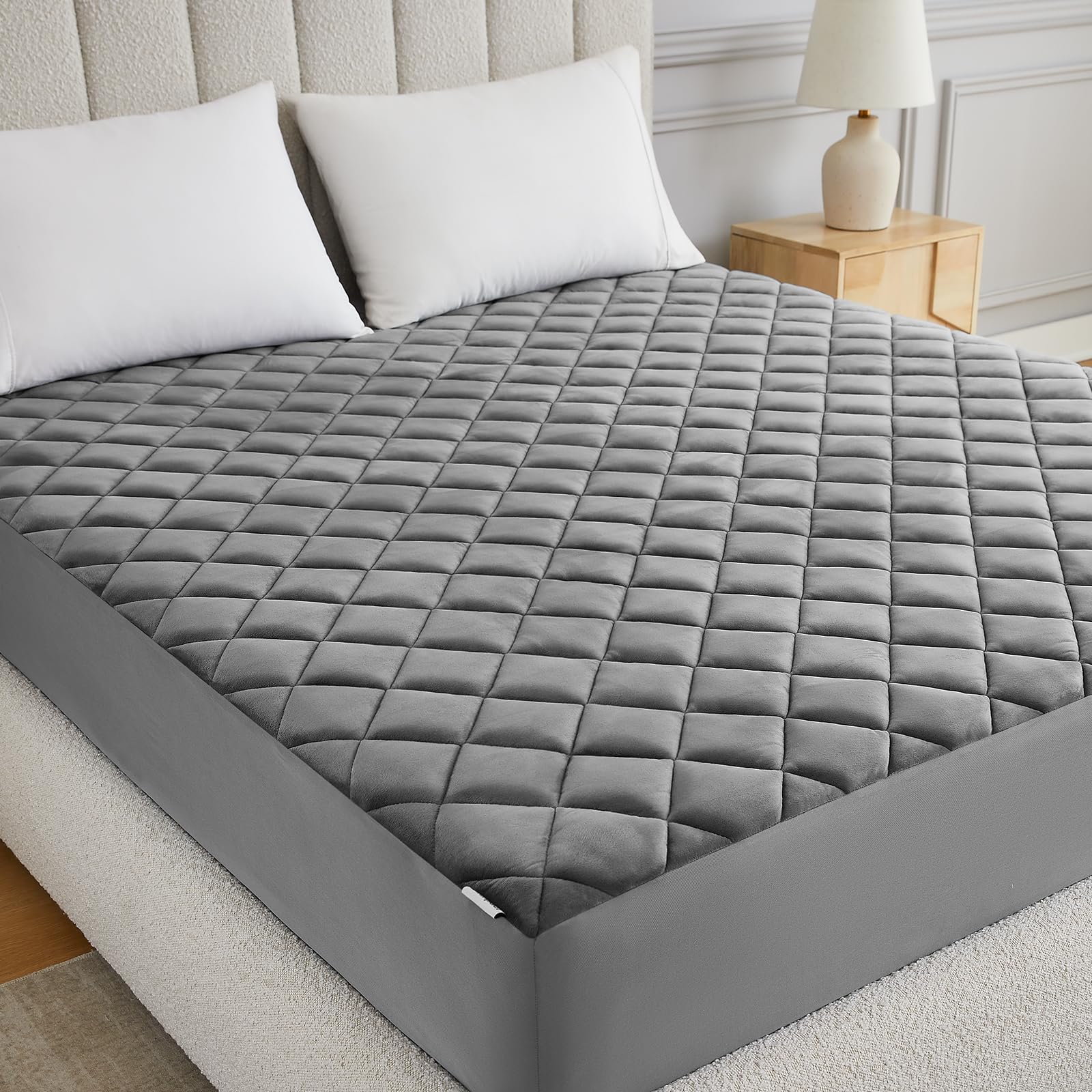 Luxury Velvet Soft Fluffy Mattress Topper Queen Size - Breathable & Noiseless Mattress Protector Cover with 18 Inch Deep Pocket - Premium Gray Bedding for Ultimate Comfort & Support - Perfect for Guest Rooms, Dorms & Master Bedrooms
