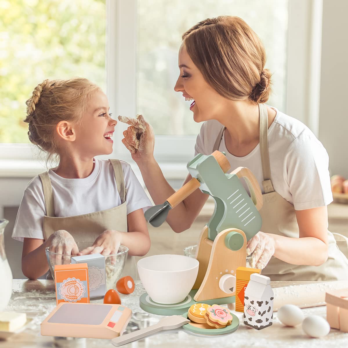 **Wooden Pretend Play Kitchen Accessories Set for Kids - Toy Mixer, Blender & Bake Cookies Playset - Educational Cooking Toys for Boys & Girls Ages 3+ - Perfect for Imaginative Play & Role-Playing Games**
