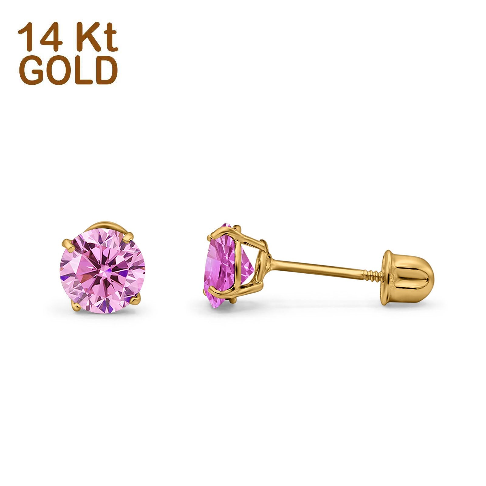 14K Yellow Gold Round Solitaire Stud Earrings with Screw Back - Simulated Pink Cubic Zirconia CZ Earrings for Women, Perfect for Valentine's Day, Anniversary, Wedding & Everyday Wear