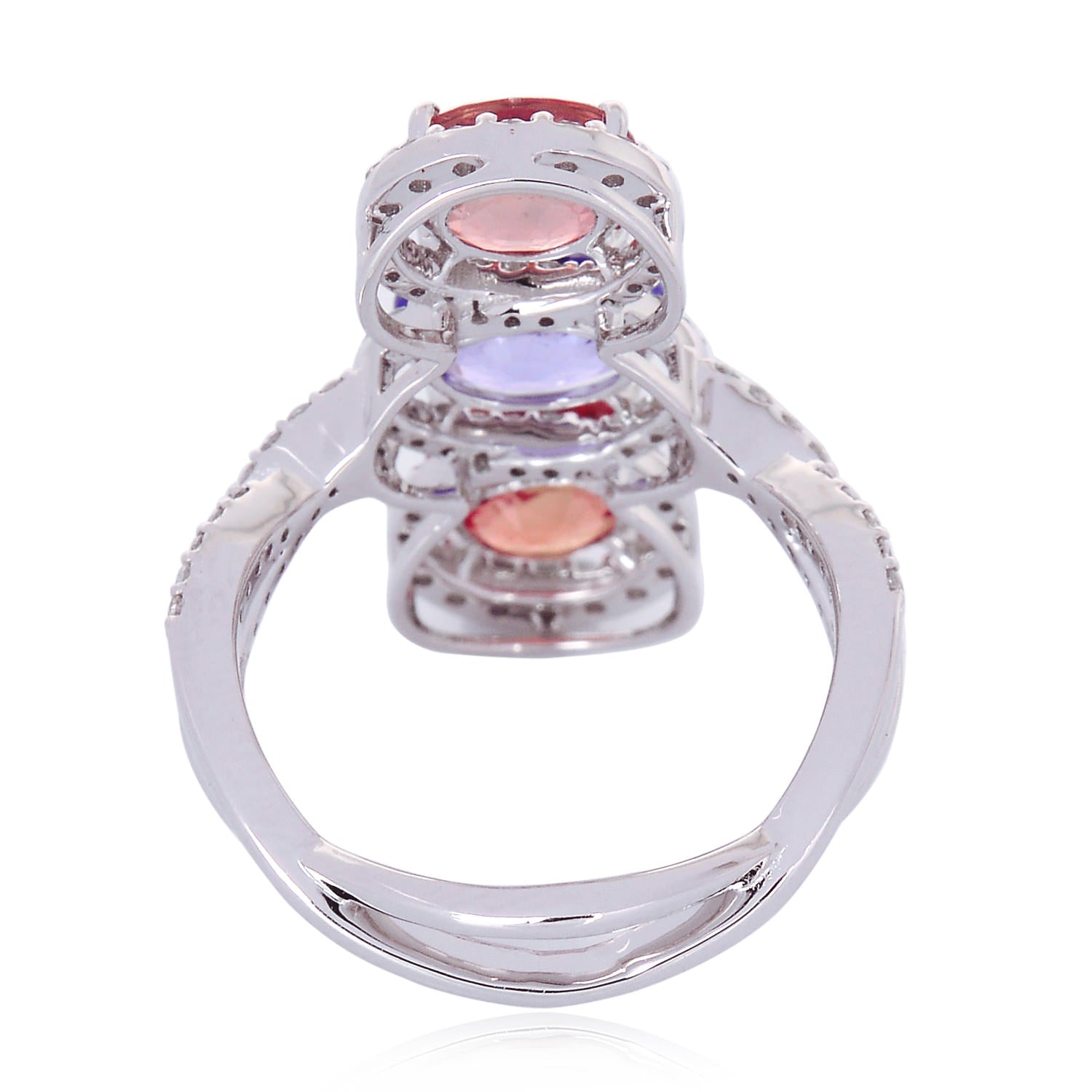 18K White Gold Oval Cut Multi Sapphire & Diamond Three Stone Ring for Women - Elegant Engagement, Wedding, Anniversary Jewelry Gift