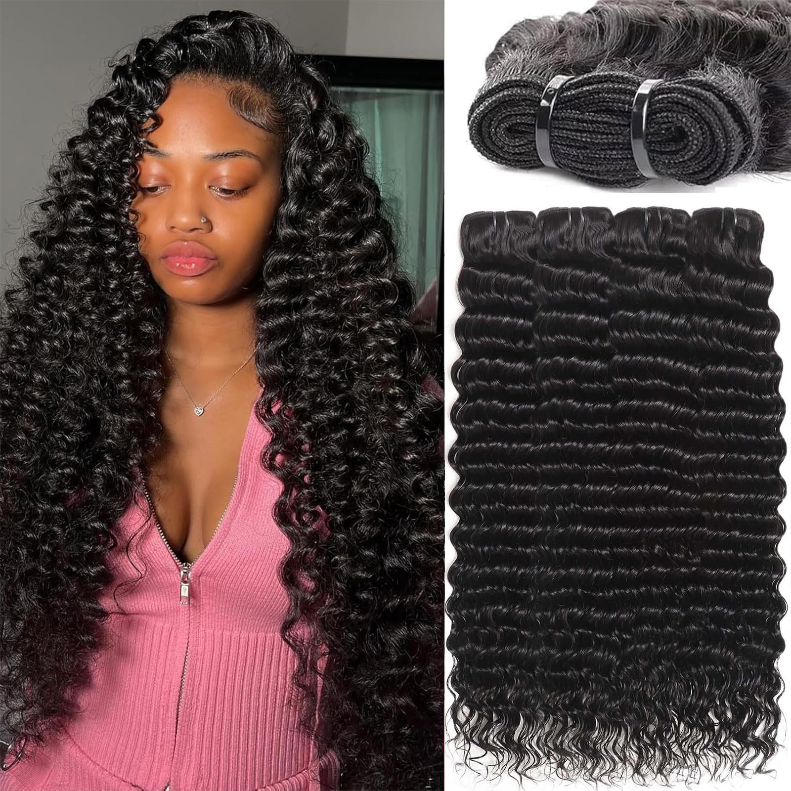 20 22 24 26 Inch 100% Unprocessed Virgin Human Hair Bundles - 12A Deep Wave 4 Bundles Natural Black Real Human Hair Extensions for Styling & Volume | Perfect for Daily Wear, Parties & Special Occasions