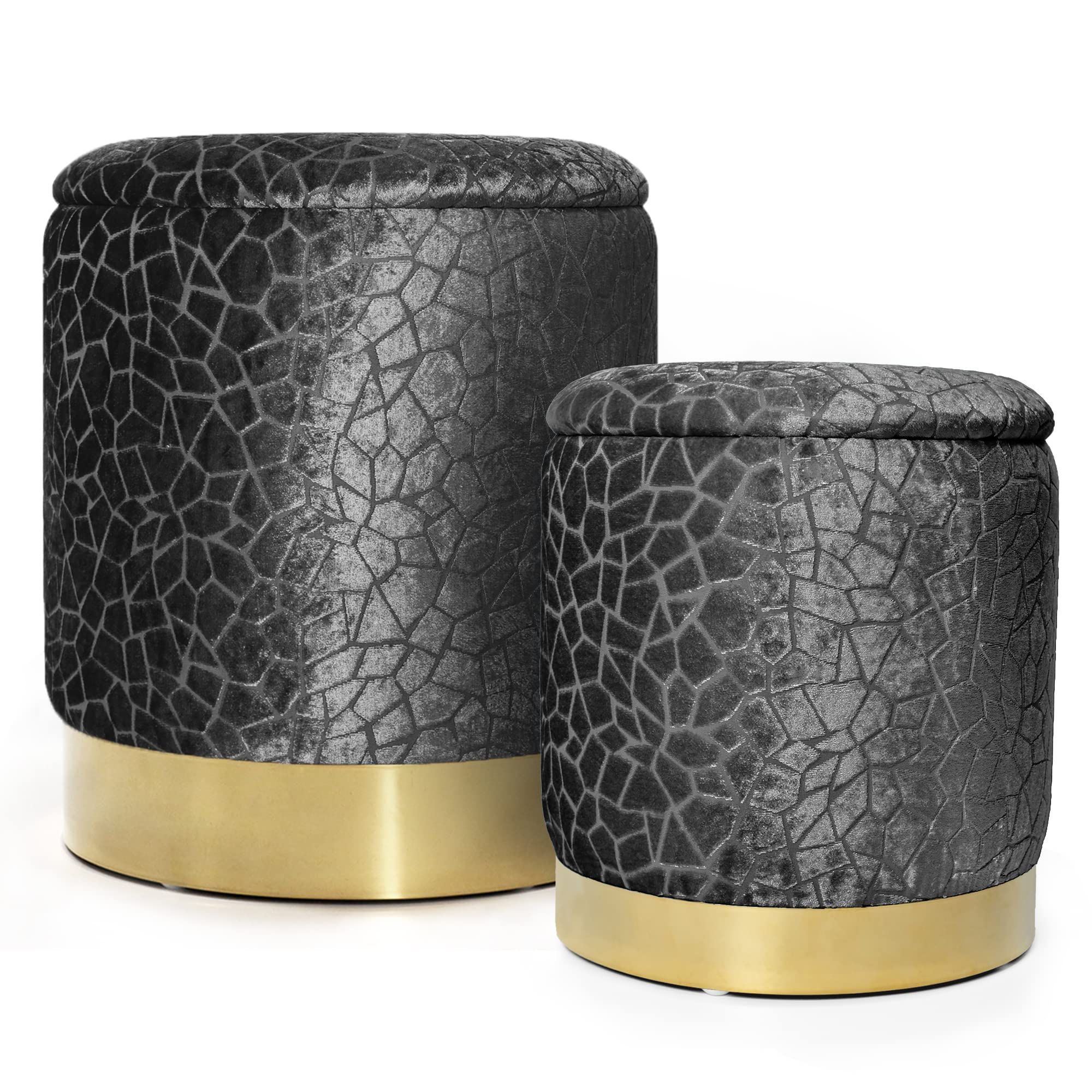 INSPI DECOR Set of 2 Round Storage Ottomans with Gold Accents - Black Abstract Pattern Ottoman Bench for Living Room, Bedroom & Entryway - Perfect for Extra Seating, Hidden Storage & Home Decor