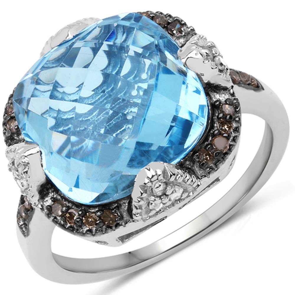 Genuine Swiss Blue Topaz & Champagne Diamond Sterling Silver Ring - Size 7 | Bonyak Jewelry for Women, Elegant Gift for Anniversary, Engagement or Special Occasion