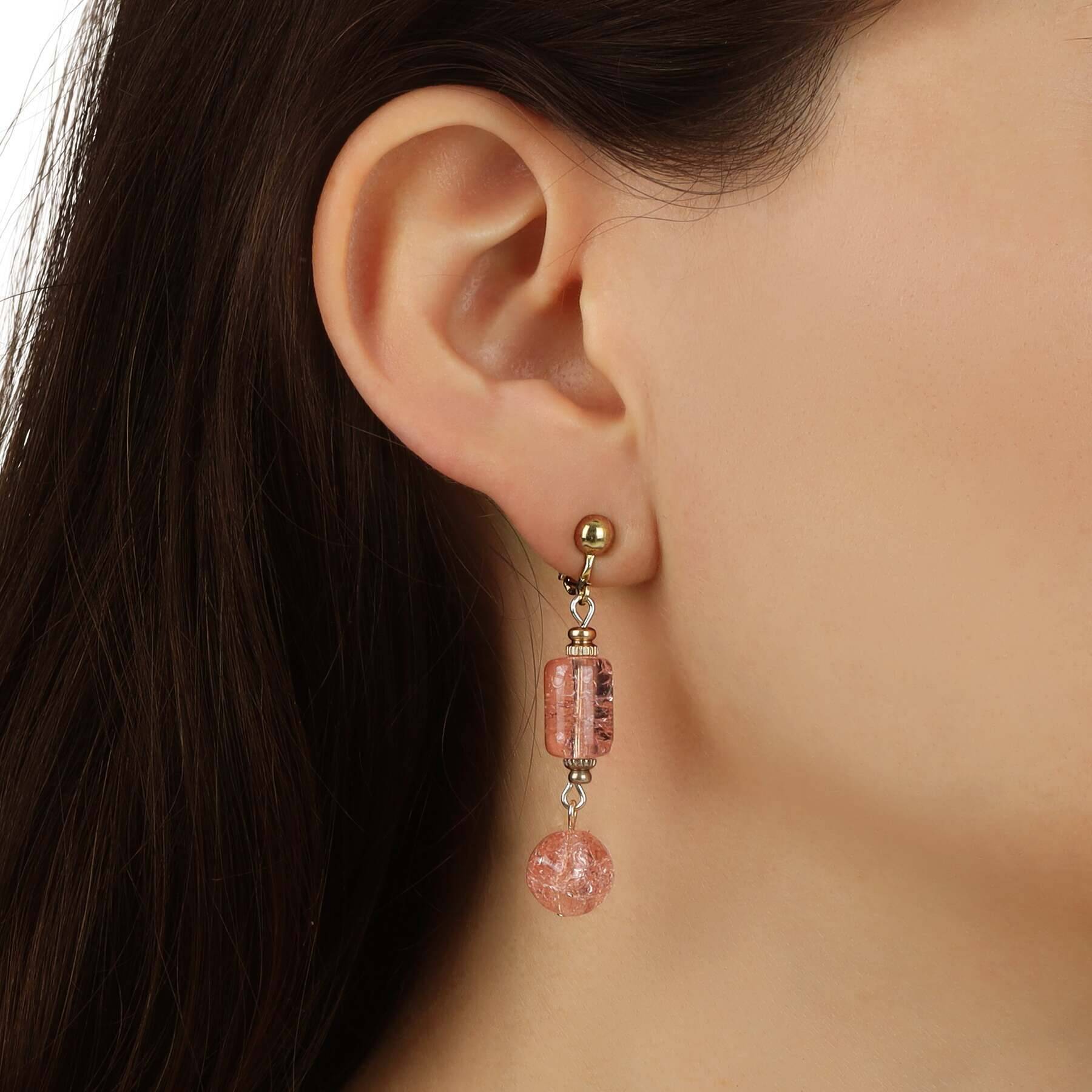 Vintage 1928 Beaded Peach Cracked Glass Clip-On Earrings - Elegant Dangle Earrings for Women, Perfect for Weddings, Parties & Special Occasions