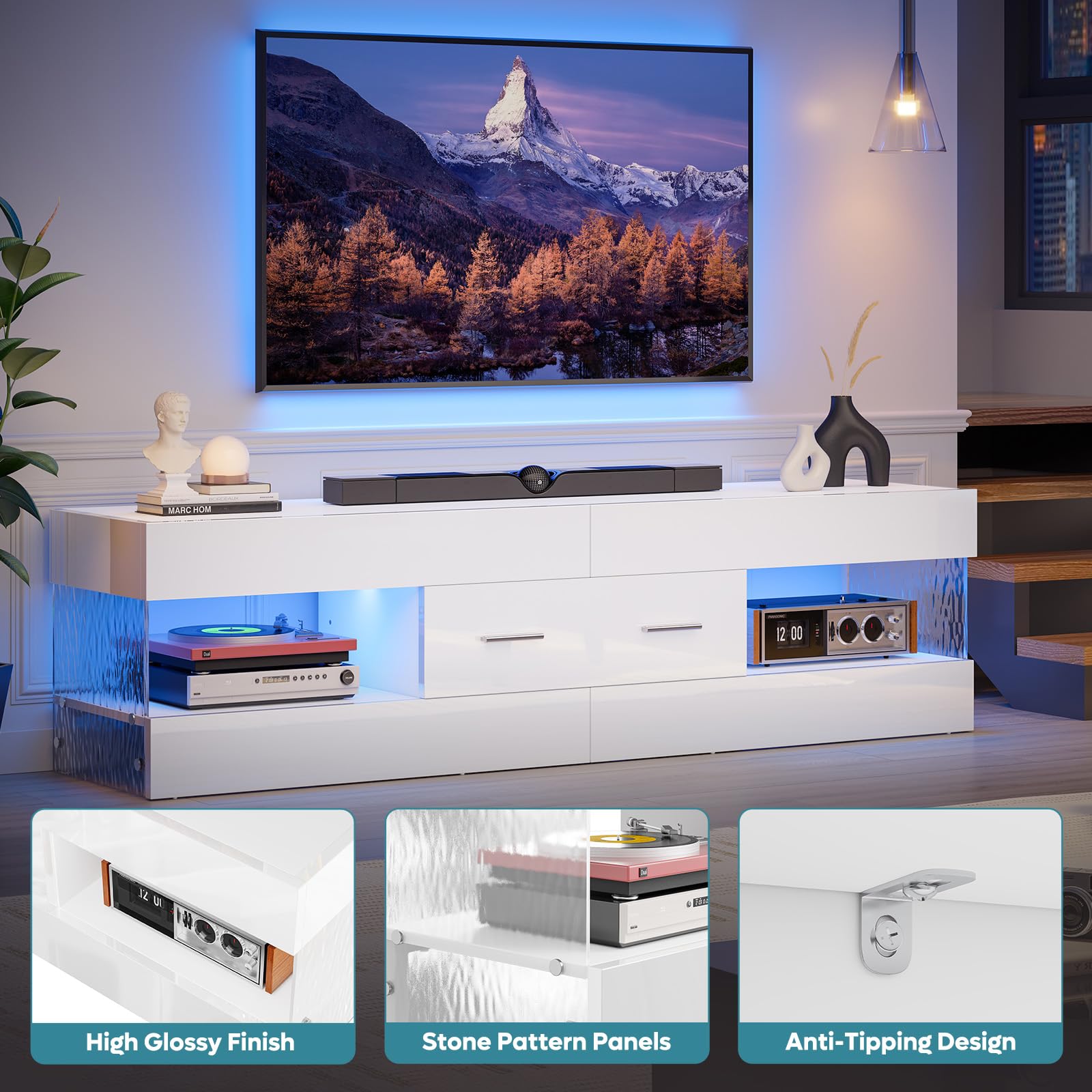Bestier Modern TV Stand for 55-65 Inch TVs - High Gloss Entertainment Center with LED Lights, Stone-Patterned Side Panels & Large Storage Drawer - TV Console for Living Room, Bedroom (Glossy White) - Perfect for Home Theater Setup and Family Entertainment