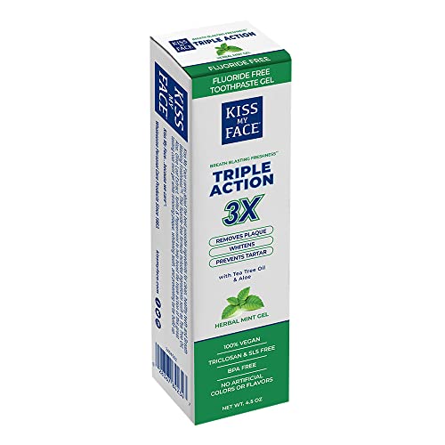 Kiss My Face Triple Action Herbal Mint Gel Toothpaste - SLS & Fluoride Free, Plaque Removal, Tartar Prevention & Teeth Whitening with Tea Tree Oil - Natural, No Artificial Colors or Flavors (4.5 oz) - Perfect for Sensitive Teeth & Eco-Conscious Oral Care