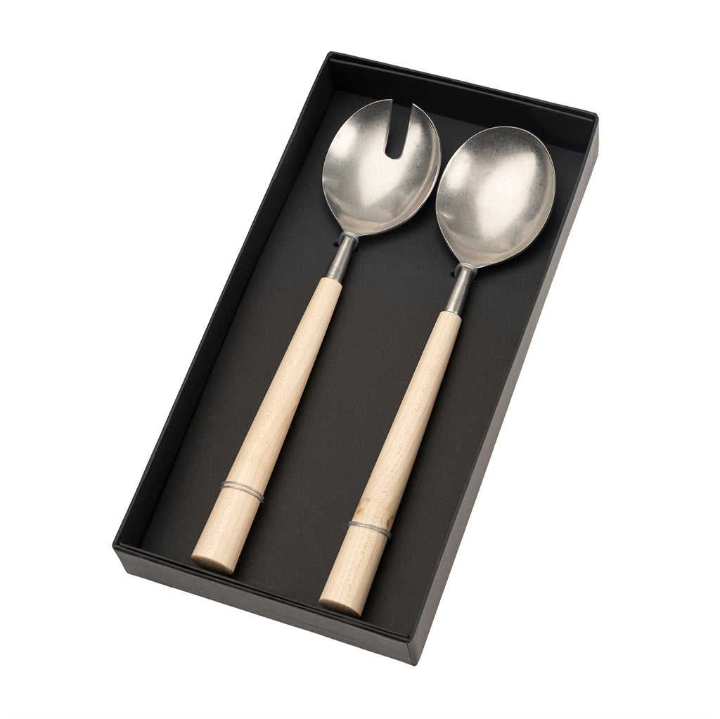 Maple Wood Salad Servers Set of 2 with Tumbled Stainless Steel - Perfect for Serving Salads, Pasta, and Appetizers at Dinner Parties and BBQs