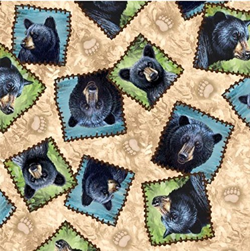 Quilting Treasures 'Bear Country' Tossed Bear Patches on Ecru Cotton Fabric - Perfect for Quilting, Sewing Projects, and DIY Home Decor