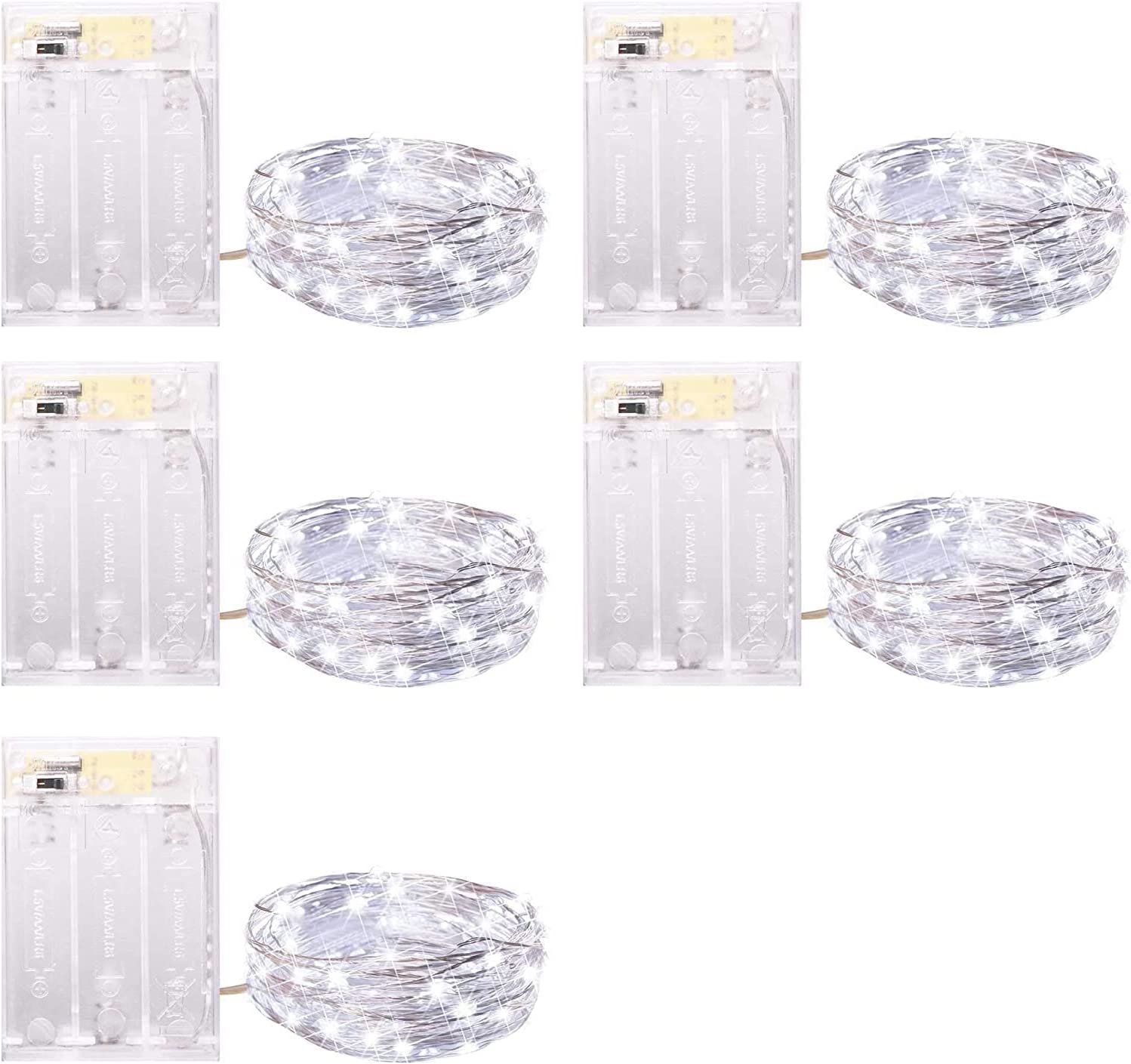 Minetom 5 Pack 7 FT 20 LED Battery Operated Fairy Lights with Timer - Waterproof Silver Wire String Lights for Bedroom, Christmas, Home, Party, Wedding Decor (Pure White) | Perfect for Indoor & Outdoor Holiday Lighting, Garden Accents, and Cozy Ambiance