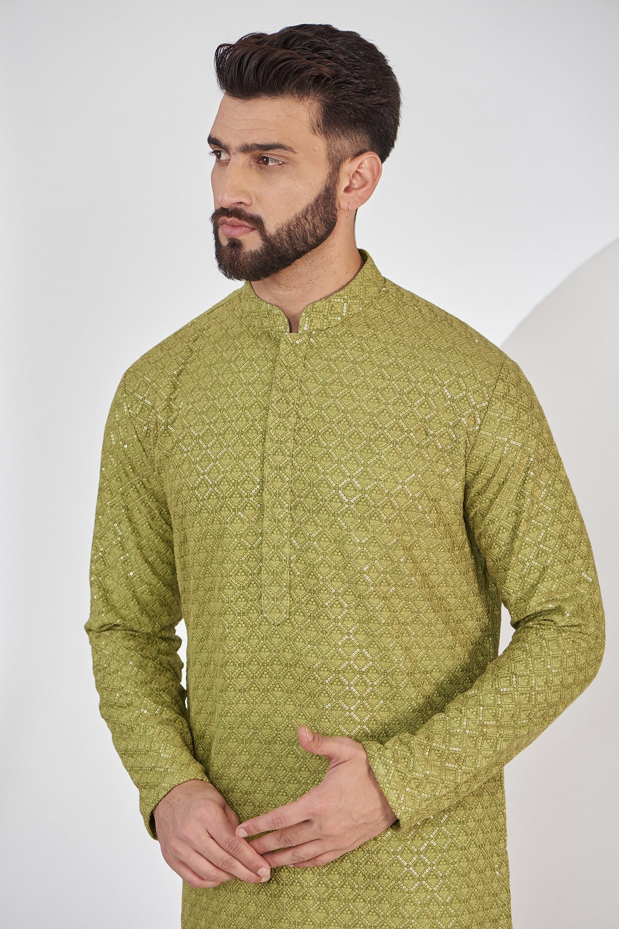 Exquisite Mehndi Green Sequenced Kurta with Intricate Thread Embroidery - Perfect for Festivals, Weddings & Special Occasions