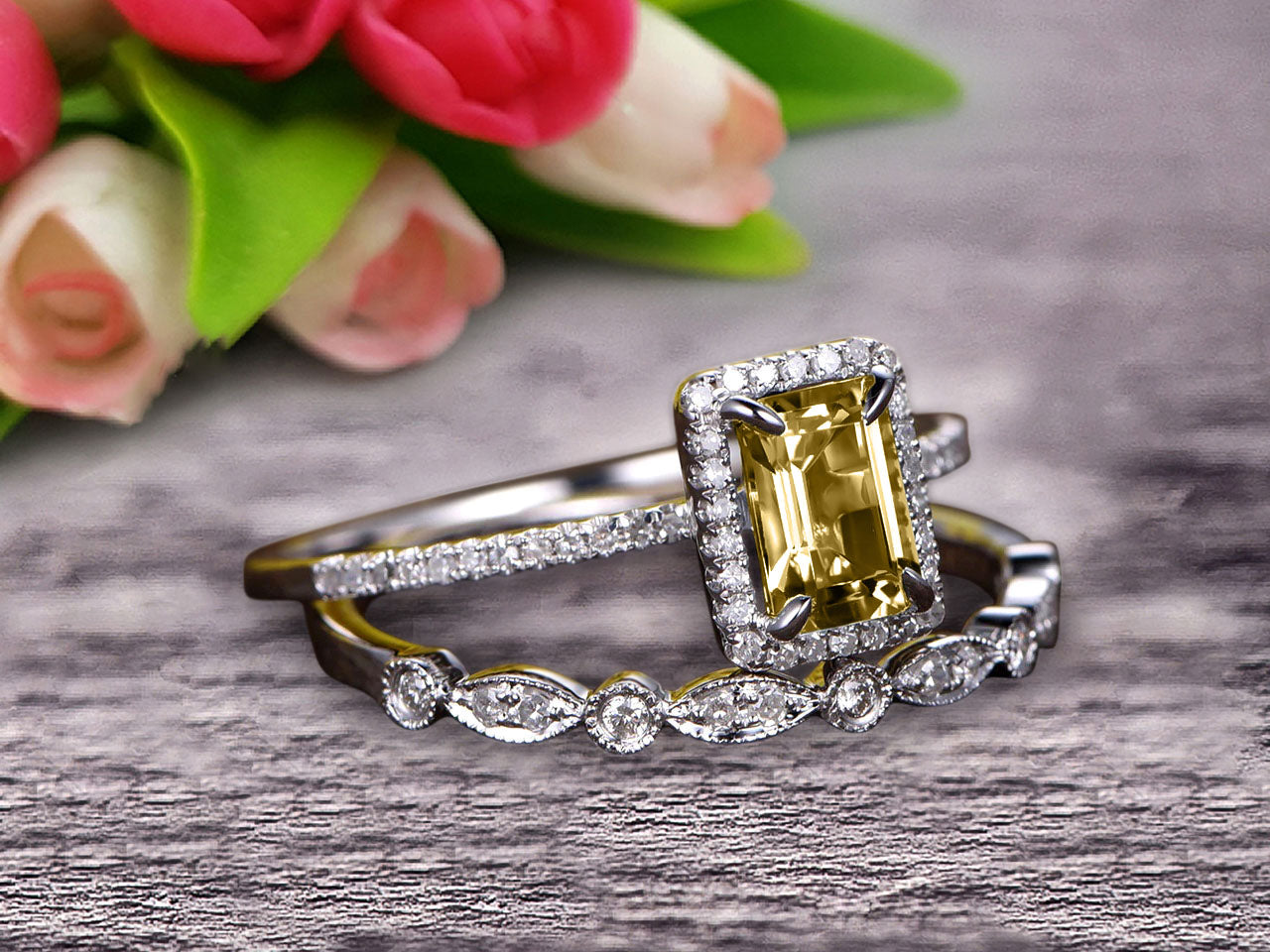 1.75 Carat Classic Emerald Cut 10k White Gold Art Deco Milgrain Bridal Champagne Diamond Moissanite Wedding Ring Set for Engagement, Anniversary & Special Occasions