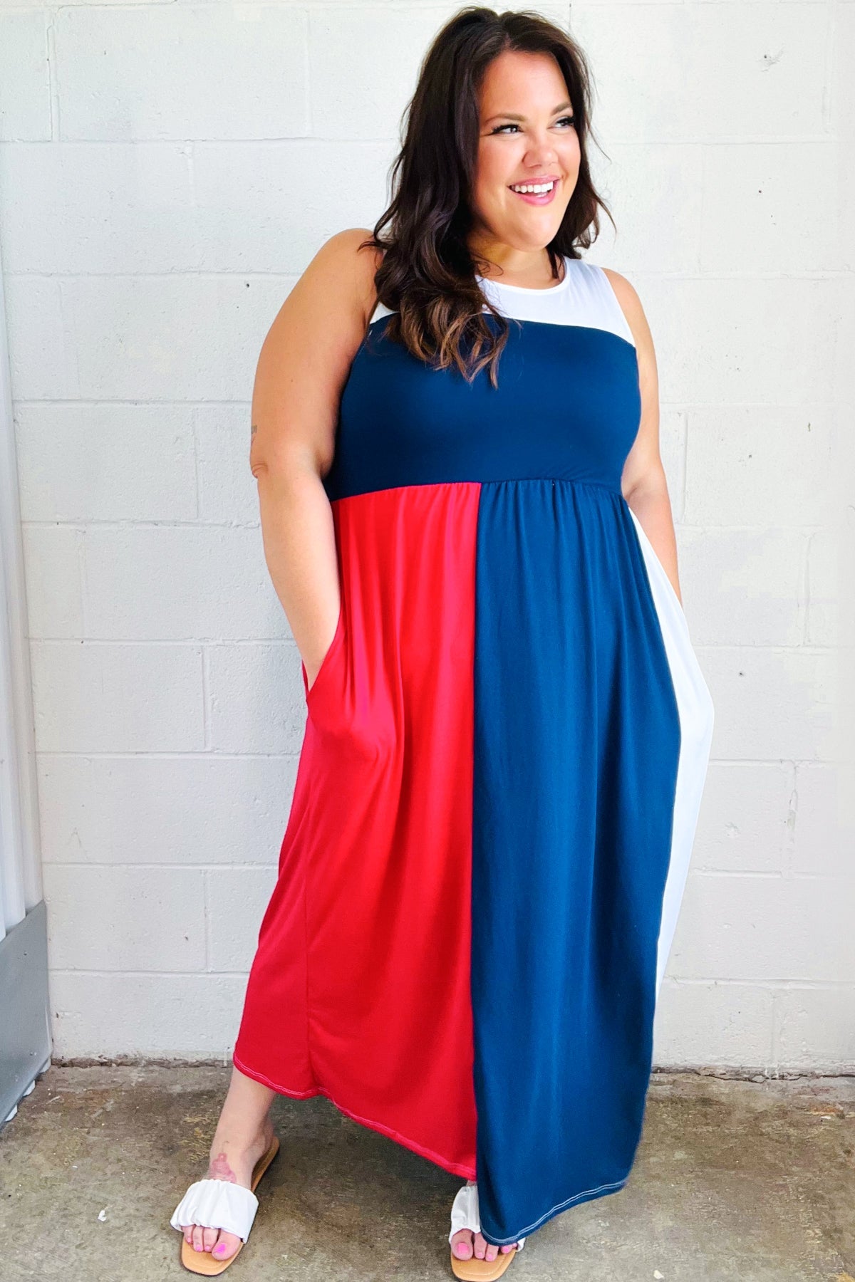 American Flag Color Block Fit & Flare Maxi Dress for Women - Perfect for 4th of July, Memorial Day & Patriotic Events