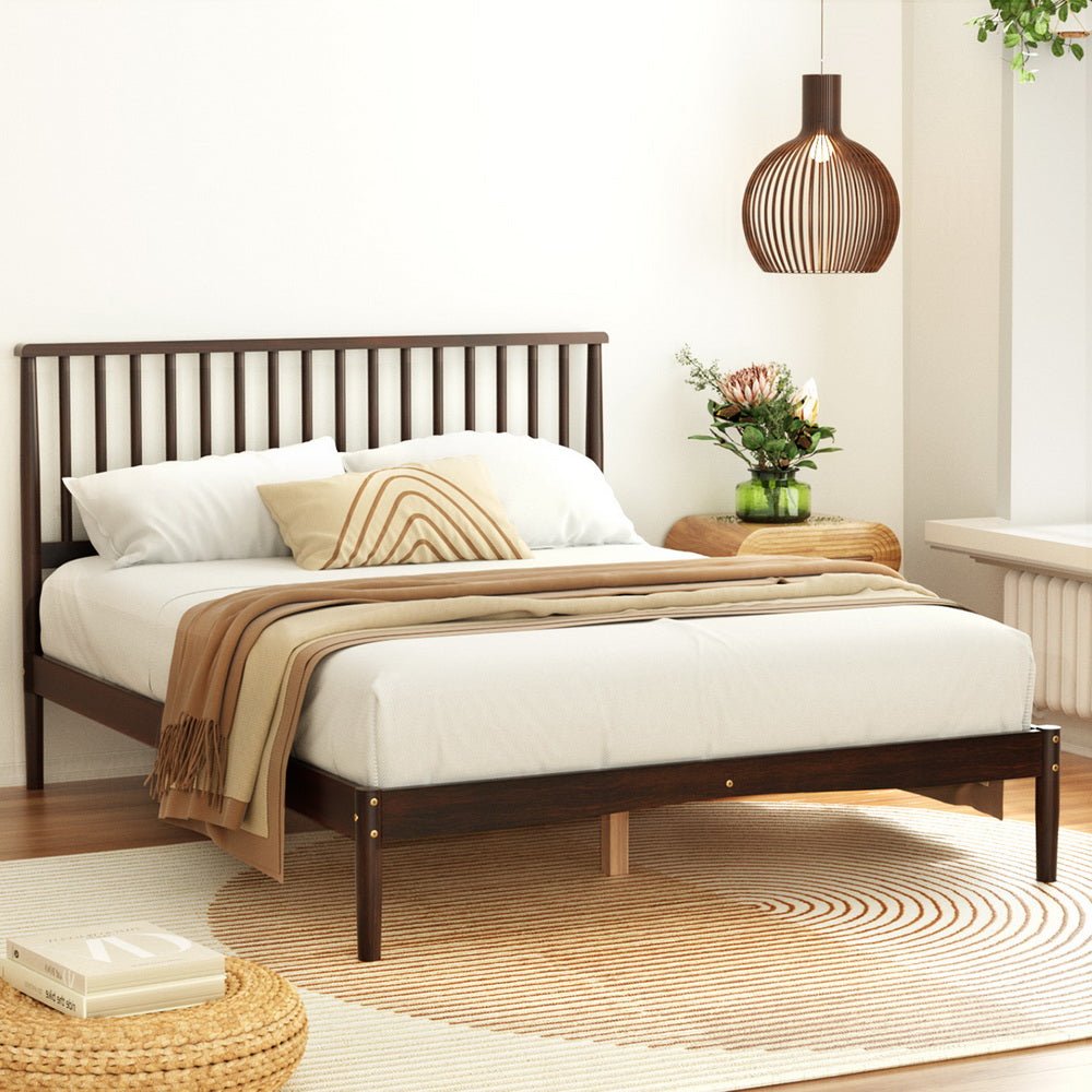 Solid Pinewood Bed Frame with Walnut Finish & Bonita Pillow Top Medium Firm Mattress - Double Package for Bedroom, Guest Room, or Dormitory