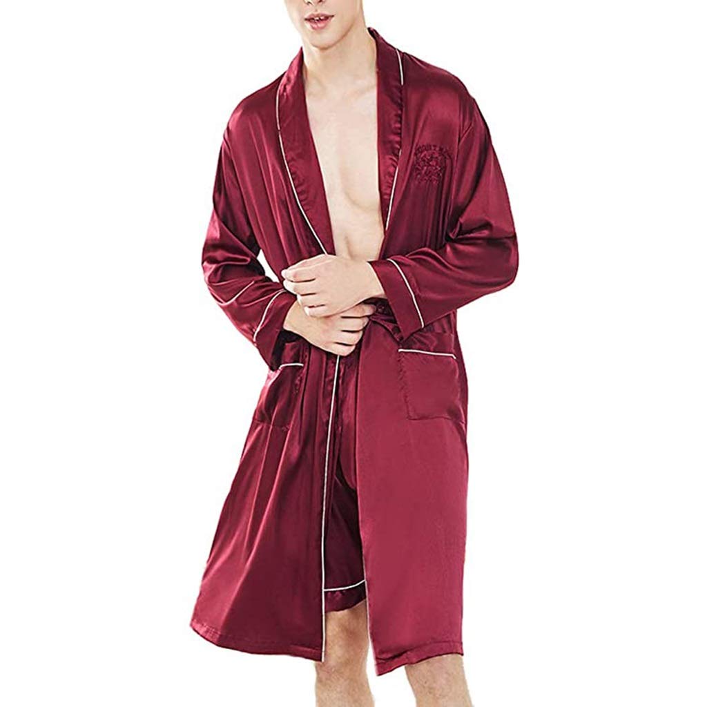 Luxury Men's Kimono Robe with Shorts - Lightweight Satin Bathrobe for Summer & Lounge Wear - Red Large Size - Perfect for Spa, Beach Cover-Up & Home Relaxation