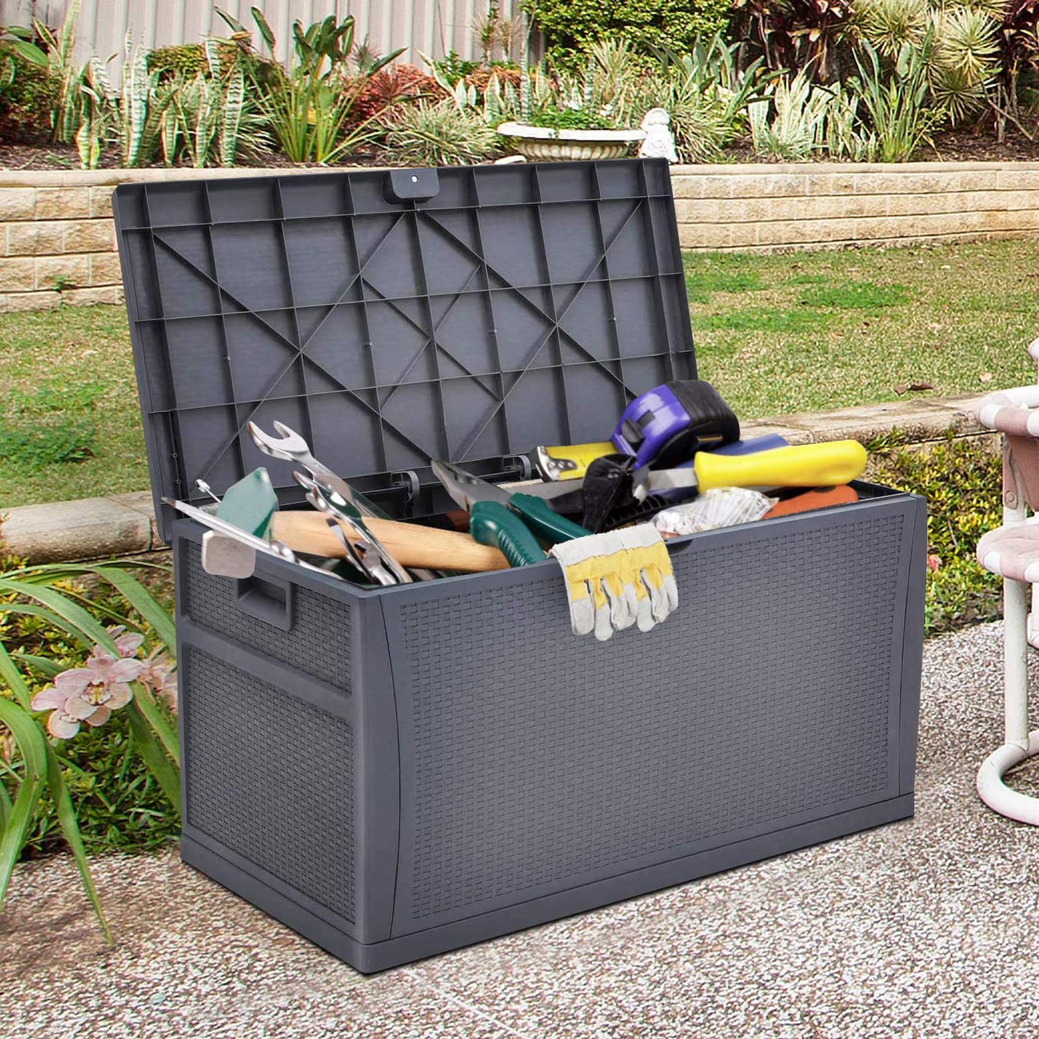 **Crownland 120 Gallon Outdoor Storage Deck Box - Weatherproof Resin Container for Patio, Garden & Deck - All-Weather Furniture Storage (Grey) - Perfect for Storing Cushions, Pool Toys & Outdoor Gear**