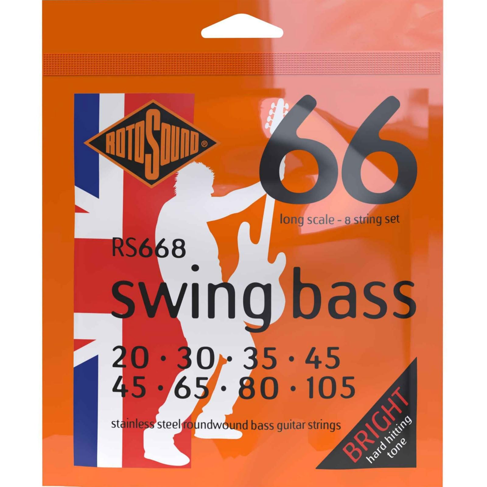 Rotosound RS668 Swing Bass 66 Stainless Steel 8-String Bass Guitar Strings (20-30-35-45-45-65-80-105) - Perfect for Rock, Jazz & Studio Recording