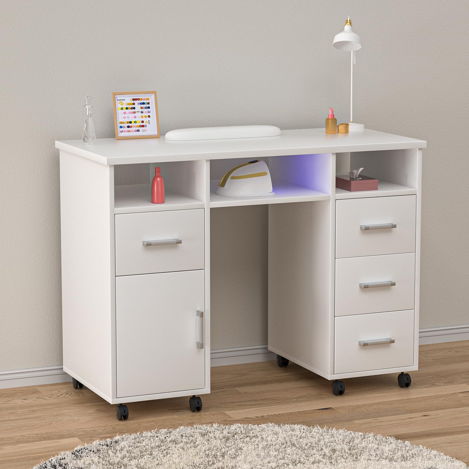 Professional Nail Tech Table with Lockable Wheels - Acetone Resistant Manicure Station with 4 Drawers, 1 Cabinet & 3 Open Storage - Portable Nail Salon Desk for Home & Professional Use (White) - Perfect for Nail Artists, Salons & Mobile Services