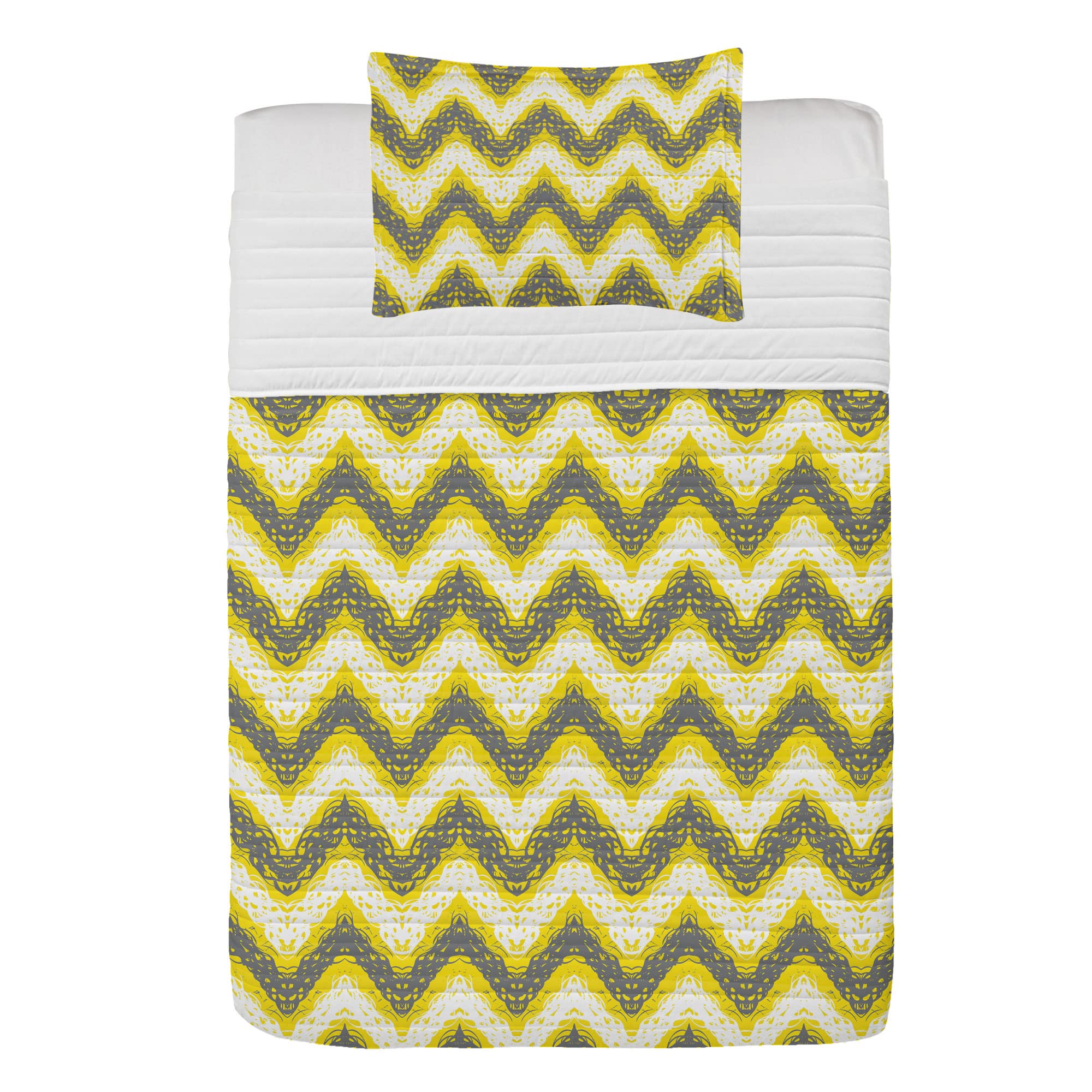 Ambesonne Grey Boho Microfiber Bedspread Set - Abstract Scribble Chevron Design, Soft Twin Size Bedding with Pillow Sham & Comforter in Mustard & White | Perfect for Bohemian Bedroom Decor & Guest Room Styling