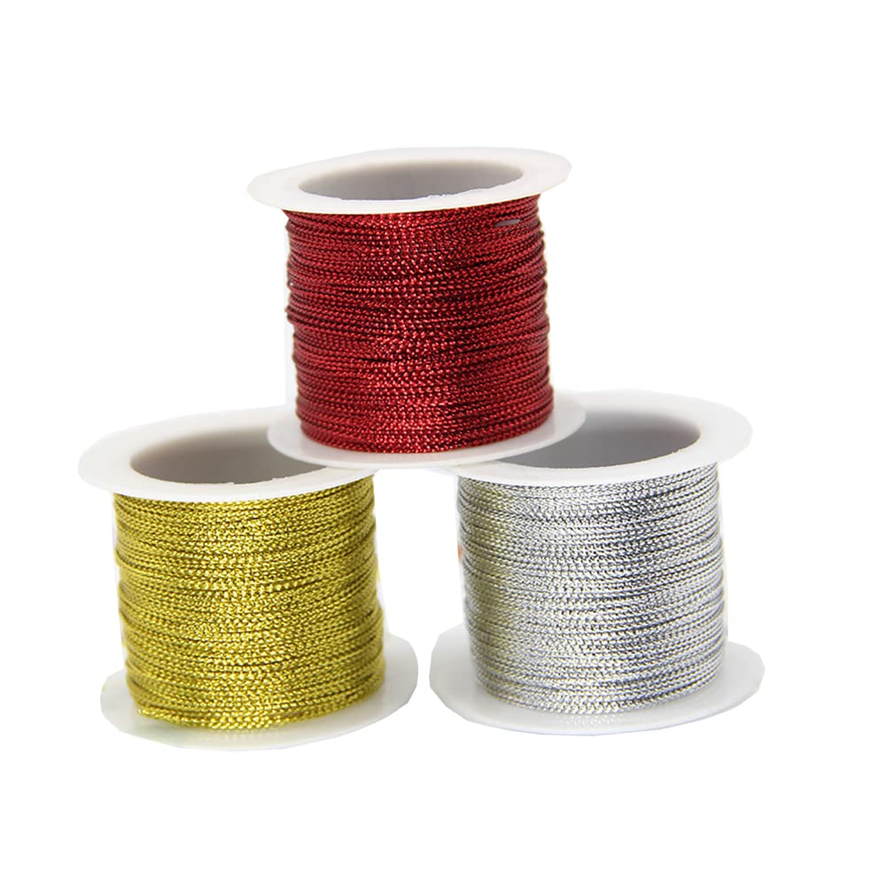 UUYYEO 3 Rolls Metallic Tinsel String - Christmas Craft Cord for Jewelry Making, Gift Wrapping & DIY Decorations (Gold/Silver/Red) - Perfect for Holiday Parties, Tree Trimming & Handmade Gifts
