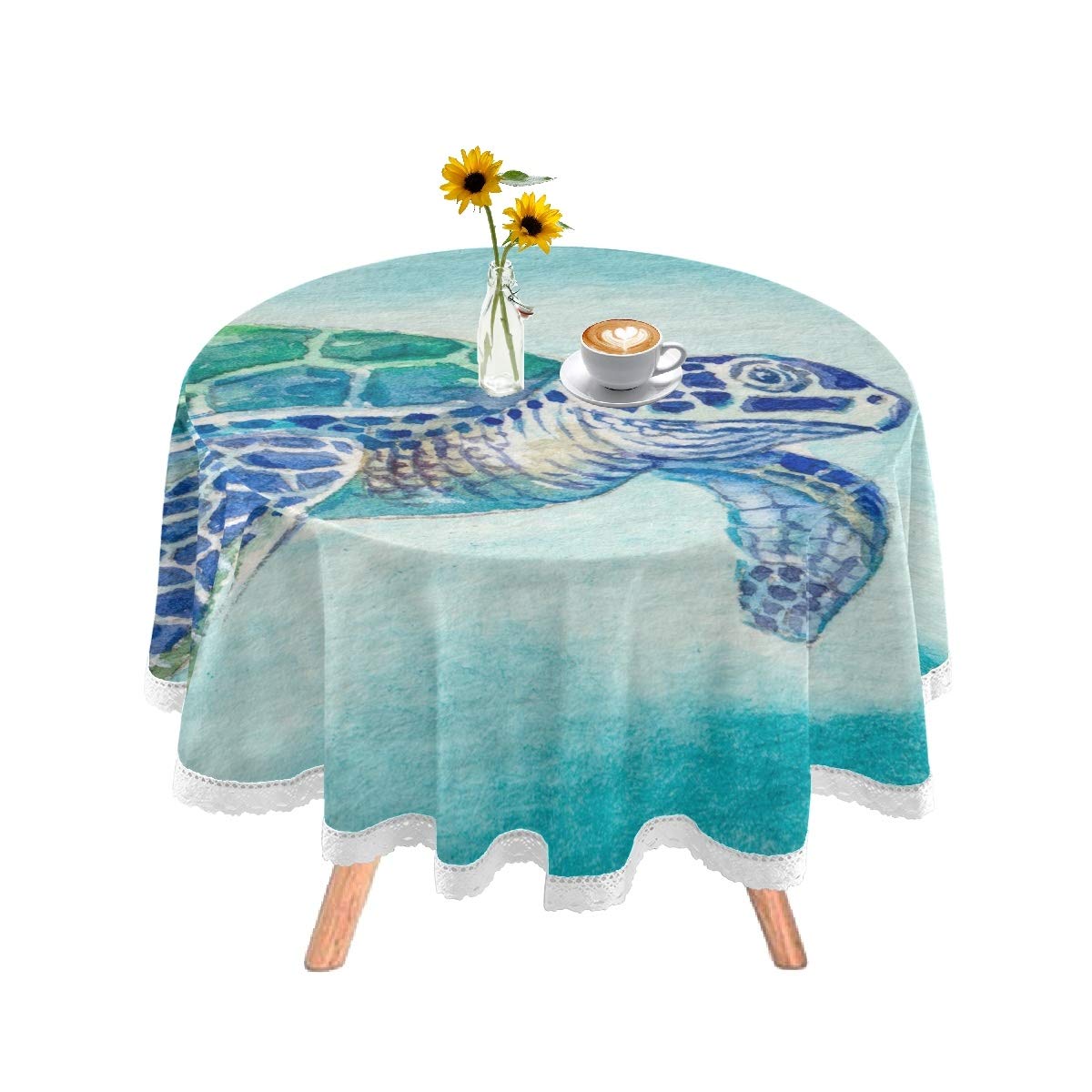 DOMIKING 60 Inch Round Tablecloth - Washable Polyester Sea Turtle Design Table Cover for Holiday Dinners, Parties, Beach Themed Events & Outdoor Dining