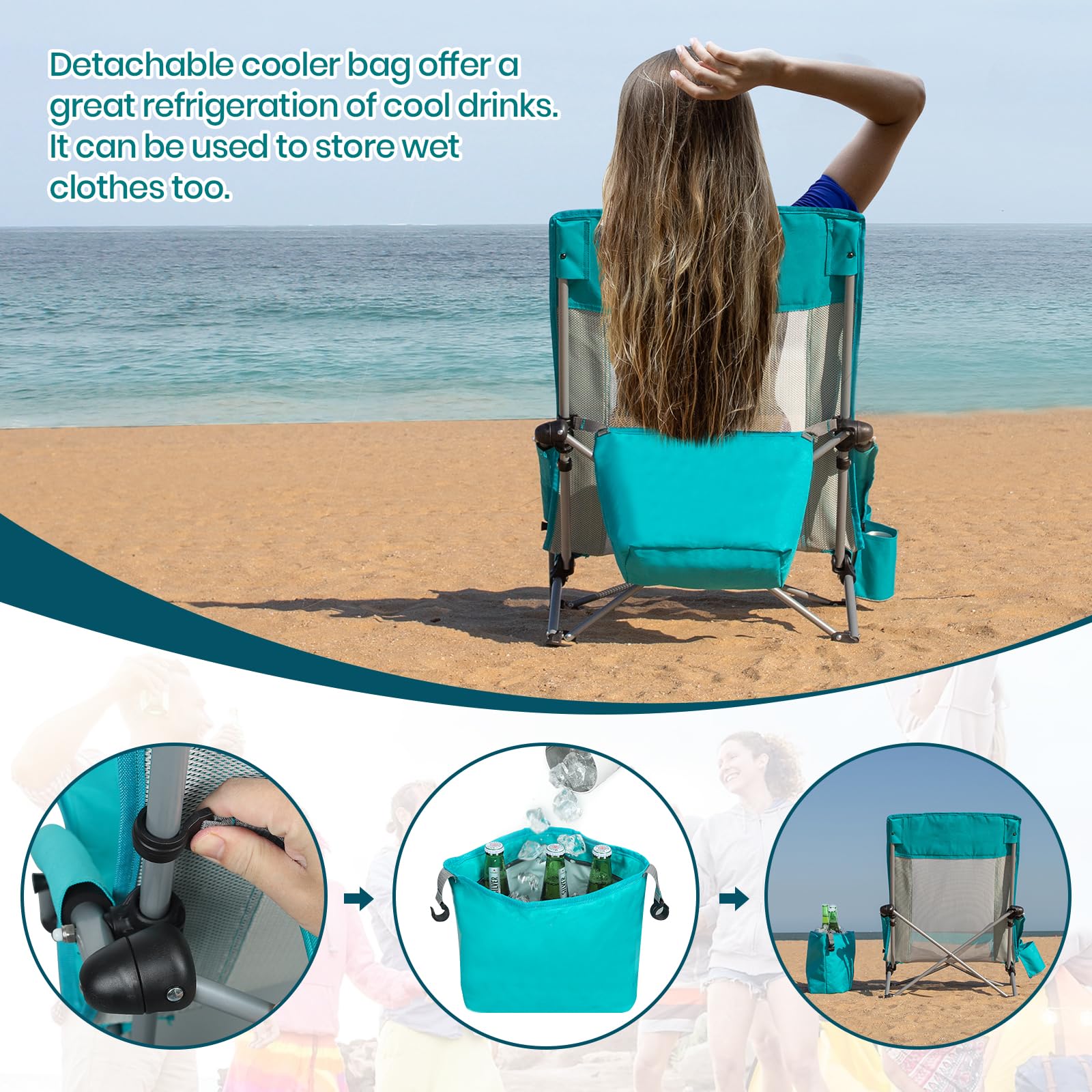 XGEAR High Back Folding Beach Chair with Detachable Cooler Bag - Heavy Duty 350lbs Capacity Mesh Back Sand Chair for Beach, Lawn, Camping & Travel - Perfect for Outdoor Relaxation, Picnics and Summer Adventures (2-Pack)